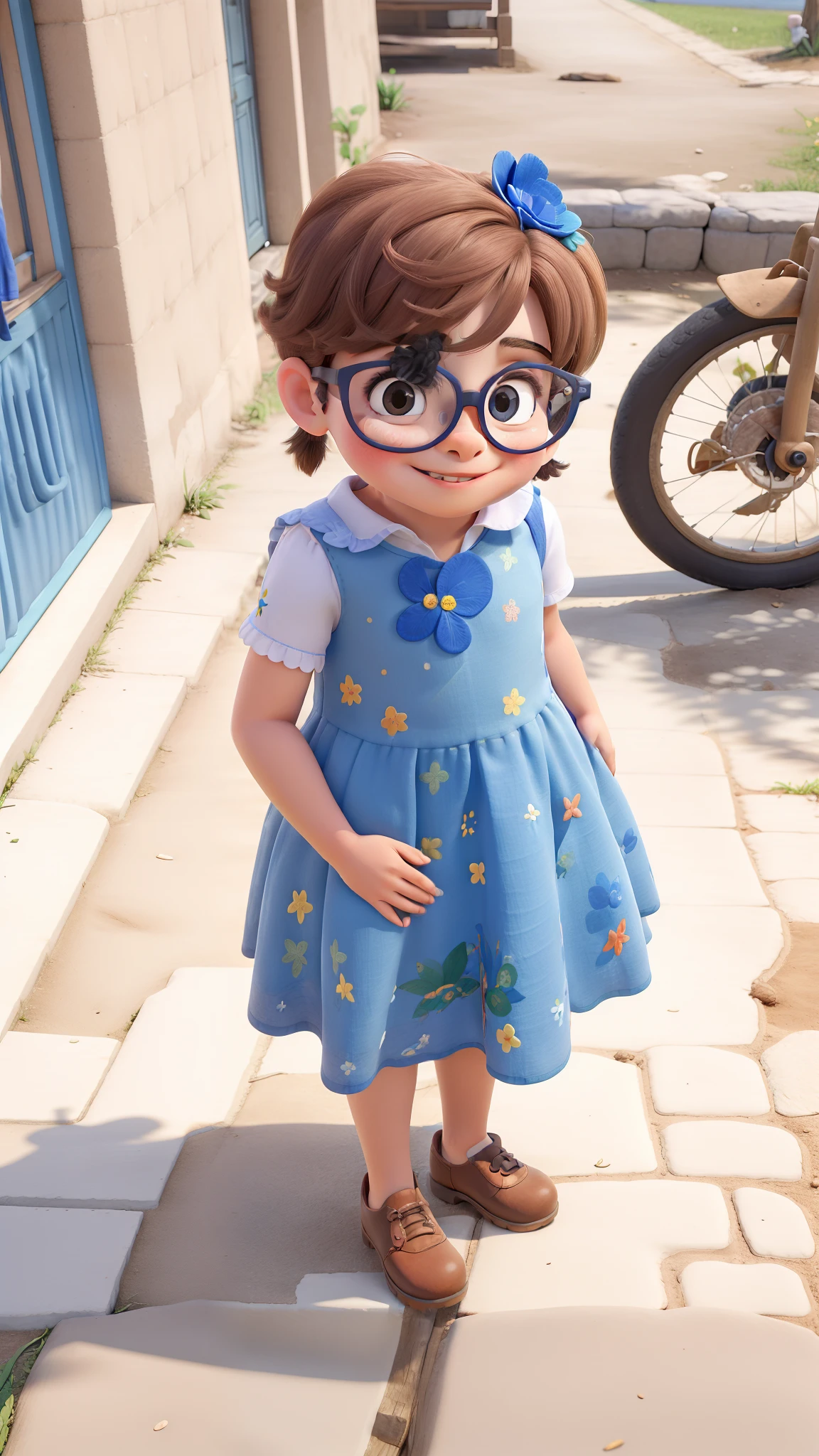 Obra-prima, de melhor qualidade, a bespectacled child, vestindo um vestido azul florido, e chupeta rosa na boca, Standing in the park