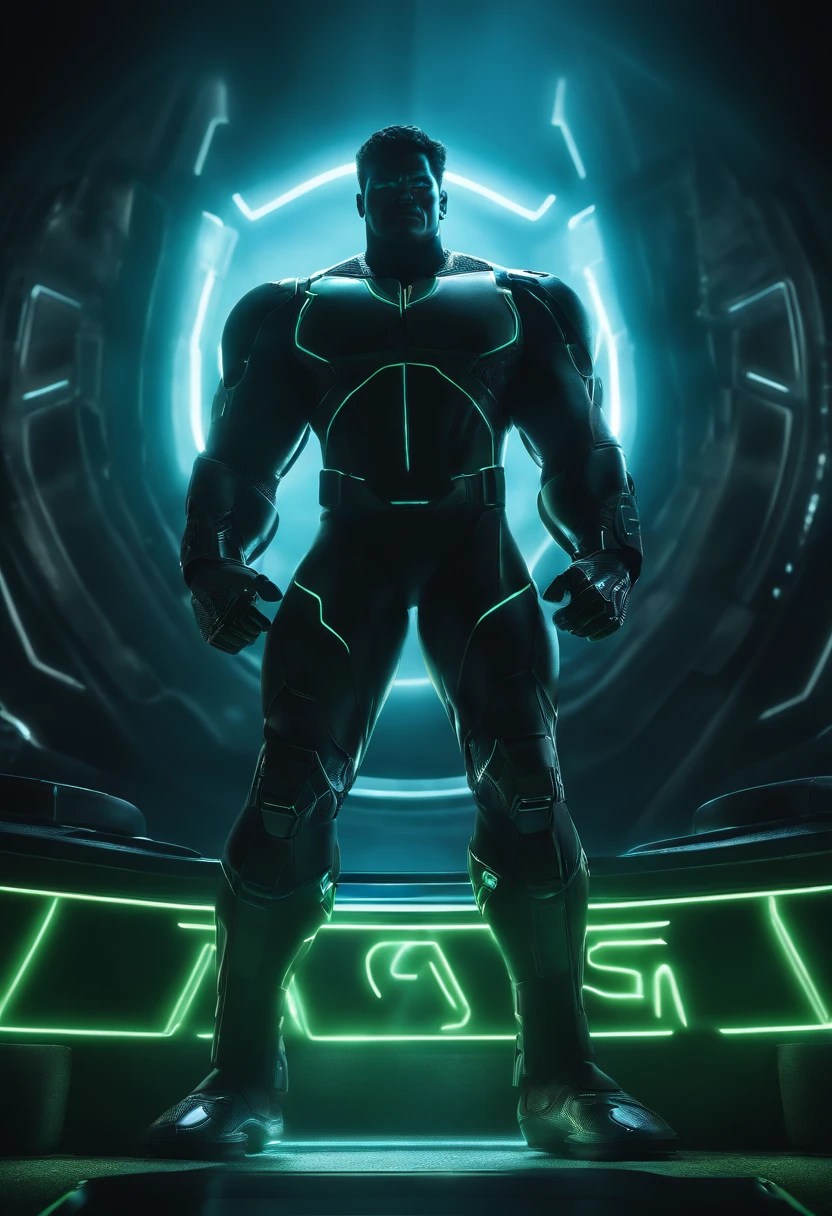 Tron combinado com Hulk, Legado Tron, Pose de batalha, imagem cristalina, detalhes intrincados, fechar para cima, cicatrizes de batalha, Tema Preto e Azul, World of Simulation,