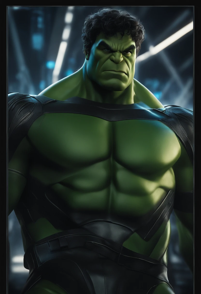 Tron combinado com Hulk, Legado Tron, Pose de batalha, imagem cristalina, detalhes intrincados, fechar para cima, cicatrizes de batalha, Tema Preto e Azul, World of Simulation,