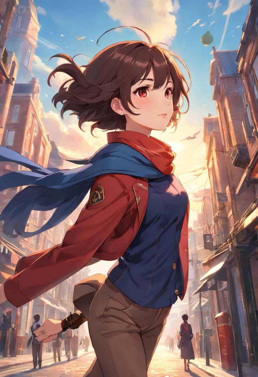 extremamente detalhado CG unidade 8k papel de parede, master part, best quality, illustration,ultra-detalhado, best illustration, Melhor sombra, um extremamente delicado e bonito, luz detalhada, cara de anime bonito, cinematic camera, profundidade de campo, 1girl, floating, brilhar, cabelo preto curto, Wind lift, cabelos desengavetados, Olhos castanhos bonitos e detalhados, Rosto detalhado, Pilot goggles on the head, sobretudo vermelho, red pants, Medium Breasrts, hands in a pocket, blue scarf, Looking at the Viewer, mangas compridas, Casaco vermelho, boca fechada, Sorriso leve, jaqueta vermelha, Dia brilhante, 26 anos, Adult woman, Dynamic background, nariz, lips, detalhes intrincados, Expressivo, Alunos, cinematic angle, Dynamic Action Pose, anime detalhado, Hyper Detailed Anime Animation, Arms, perna, Antecedentes detalhados, Steampunk, Gothic Victorian London, Fundo da rua lateral, aristocrata, aristocratic, Outside, Bolsa, Cloudy sky, city in the distance, distant buildings, Londres, Sunset, Candeeiros de rua, Airships in the sky, Cars in the distance, street level, mistborn, nevoeiro