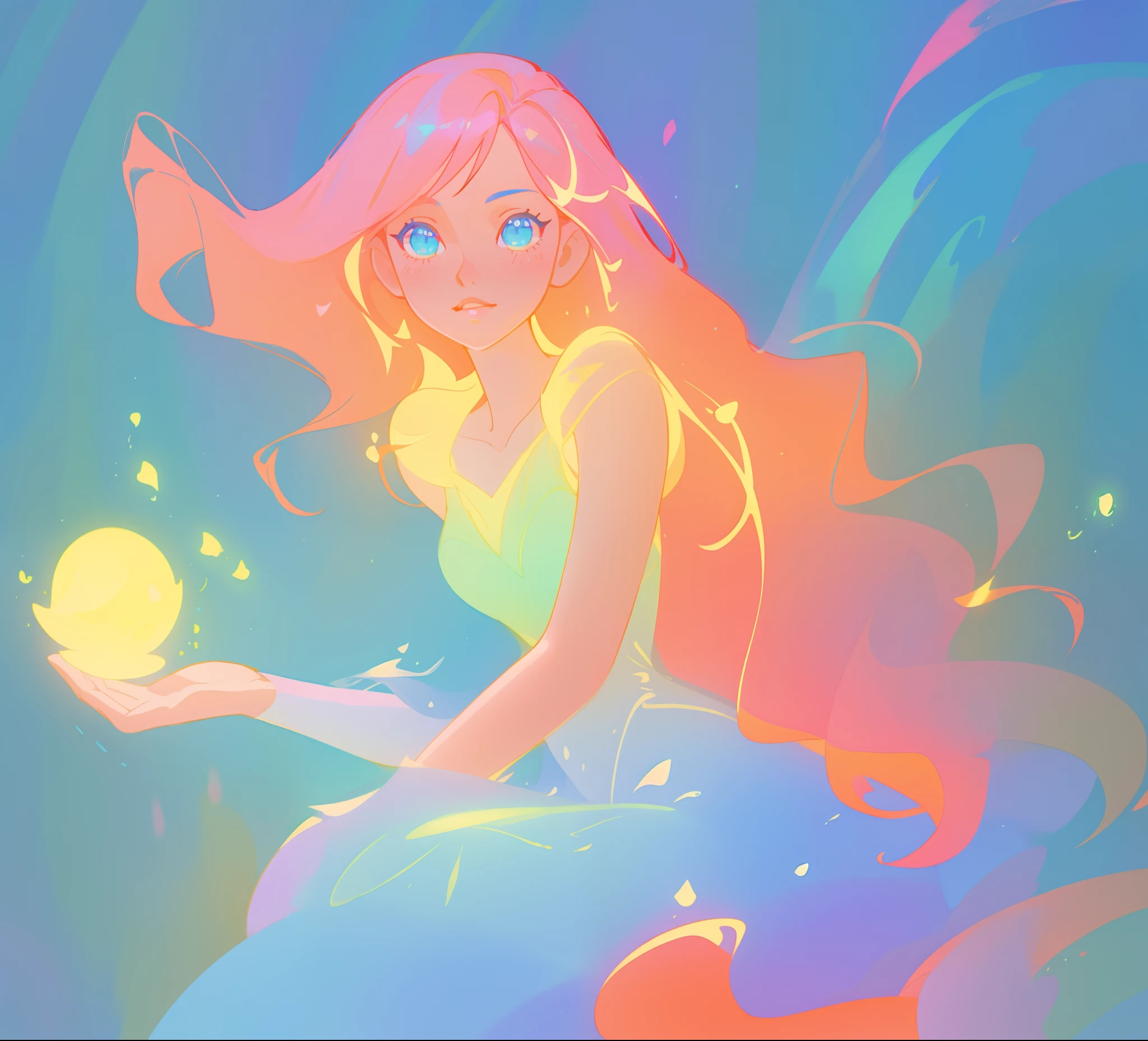 beautiful girl in blue gradient flowing dress, vibrant pastel colors, (colorful), magical lights, sparkling lines of light, inspired by Glen Keane, inspired by Lois van Baarle, disney art style, by Lois van Baarle, glowing aura around her, by Glen Keane, jen bartel, glowing lights! digital painting, flowing glowing hair, glowing flowing hair, beautiful digital illustration, fantasia background, whimsical, magical, fantasy, beautiful face, ((masterpiece, best quality)), intricate details, highly detailed, sharp focus, 8k resolution, sparkling detailed eyes, liquid watercolor