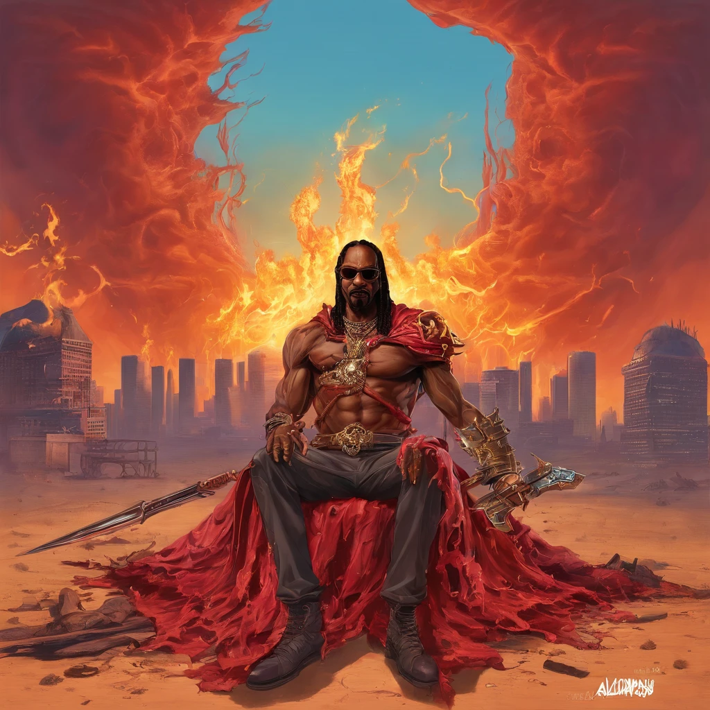Snoop Dogg Metal Maden Man Snoop Dogg Armored Chaos Warrior of Khorne holds a great flaming sword in a ruined post-apocalyptic city, Science-Fiction, fantasy, horror, skulls on the floor, sangre, Tornado, Romano, Empty chairs,tangled roots,..key, Alabeado,Destrozado,ethereal, (Aislamiento:1.1), (glasear:1.1), (Luz reflejada:1.2), vidrio, polygon, ultra detallado, intrincado, oil on canvas, cepillo seco, (surrealismo:1.1), (turbador:1.1)