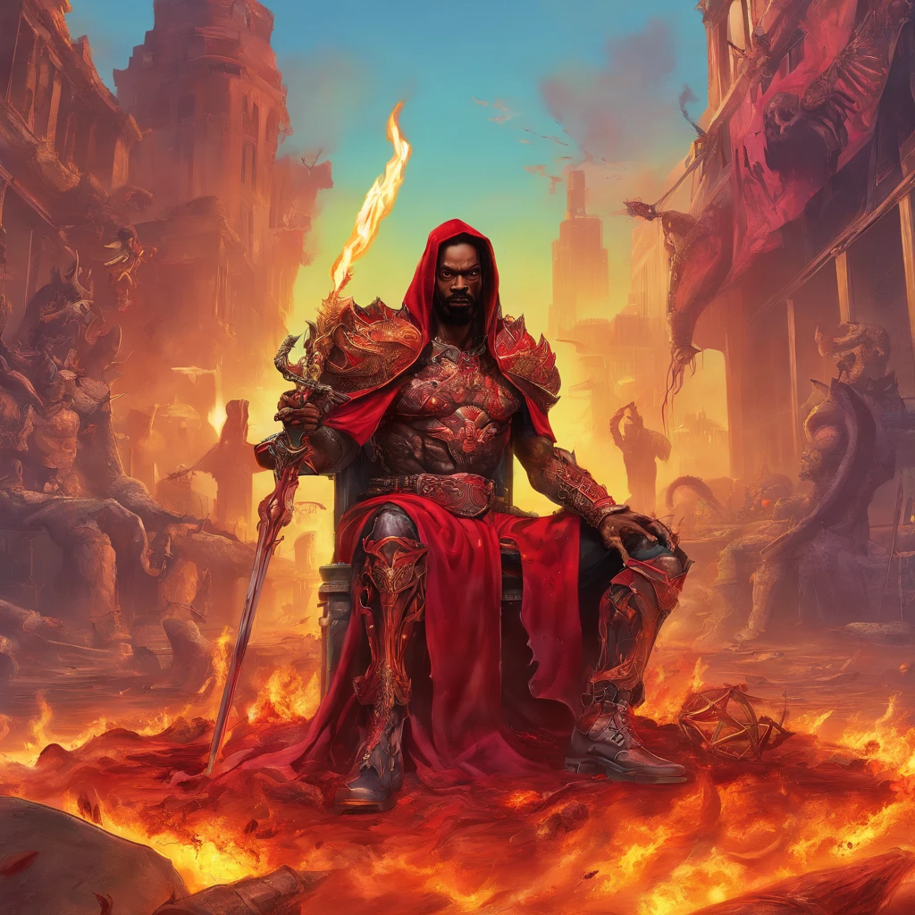Snoop Dogg Metal Maden Man Snoop Dogg Armored Chaos Warrior of Khorne holds a great flaming sword in a ruined post-apocalyptic city, Science-Fiction, fantasy, horror, skulls on the floor, sangre, Tornado, Romano, Empty chairs,tangled roots,..key, Alabeado,Destrozado,ethereal, (Aislamiento:1.1), (glasear:1.1), (Luz reflejada:1.2), vidrio, polygon, ultra detallado, intrincado, oil on canvas, cepillo seco, (surrealismo:1.1), (turbador:1.1)