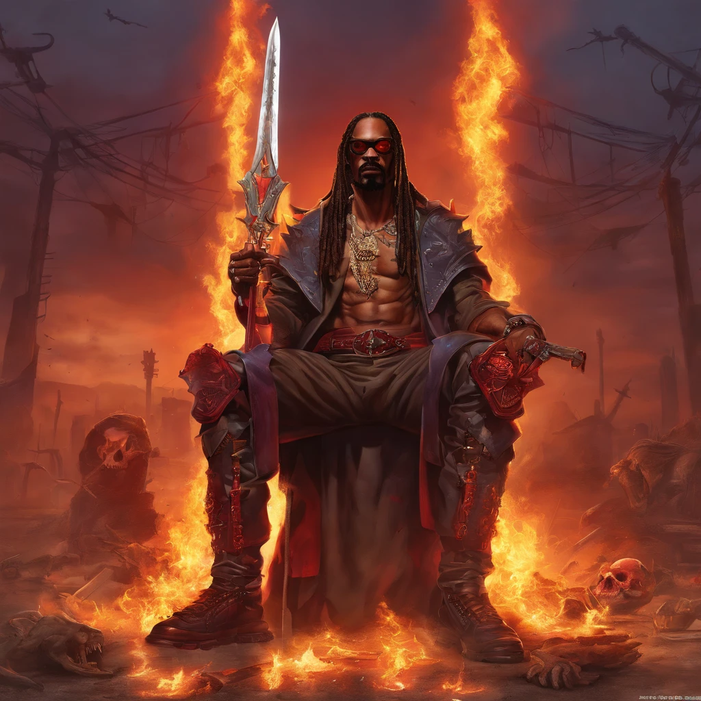 Snoop Dogg Metal Maden Man Snoop Dogg Armored Chaos Warrior of Khorne holds a great flaming sword in a ruined post-apocalyptic city, Science-Fiction, fantasy, horror, skulls on the floor, sangre, Tornado, Romano, Empty chairs,tangled roots,..key, Alabeado,Destrozado,ethereal, (Aislamiento:1.1), (glasear:1.1), (Luz reflejada:1.2), vidrio, polygon, ultra detallado, intrincado, oil on canvas, cepillo seco, (surrealismo:1.1), (turbador:1.1)