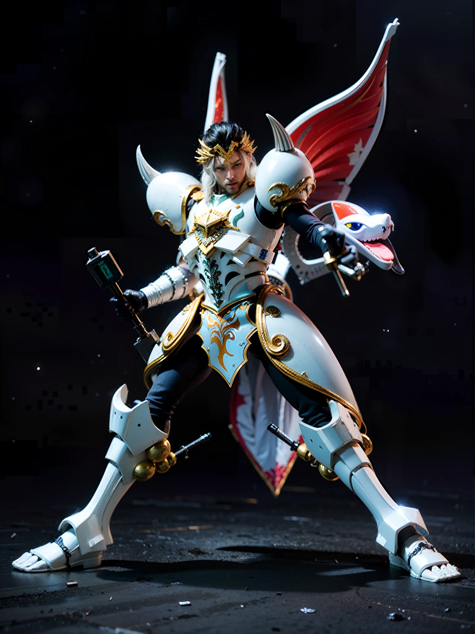 Japanese Male Character, segurando uma clava, coroua dourada, cabelos castanhos, White armor with a large lion's head on the chest, detalhes dourados, luvas pretas de couro, black pant, asas de metal vermelho com bordas brancas