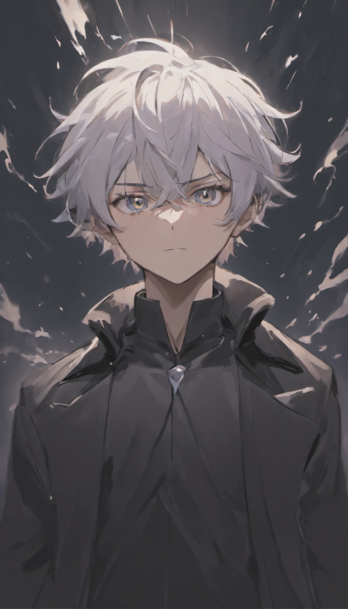 a white-haired, black-eyed man in a black jacket, surrounded in a billowing black aura, black aura behind him, detailed digital anime art, engulfed by darkness, anti-spell magic, handsome guy in black clover art, short hair, by Yang J, completely composed of darkness, hair made of shadow