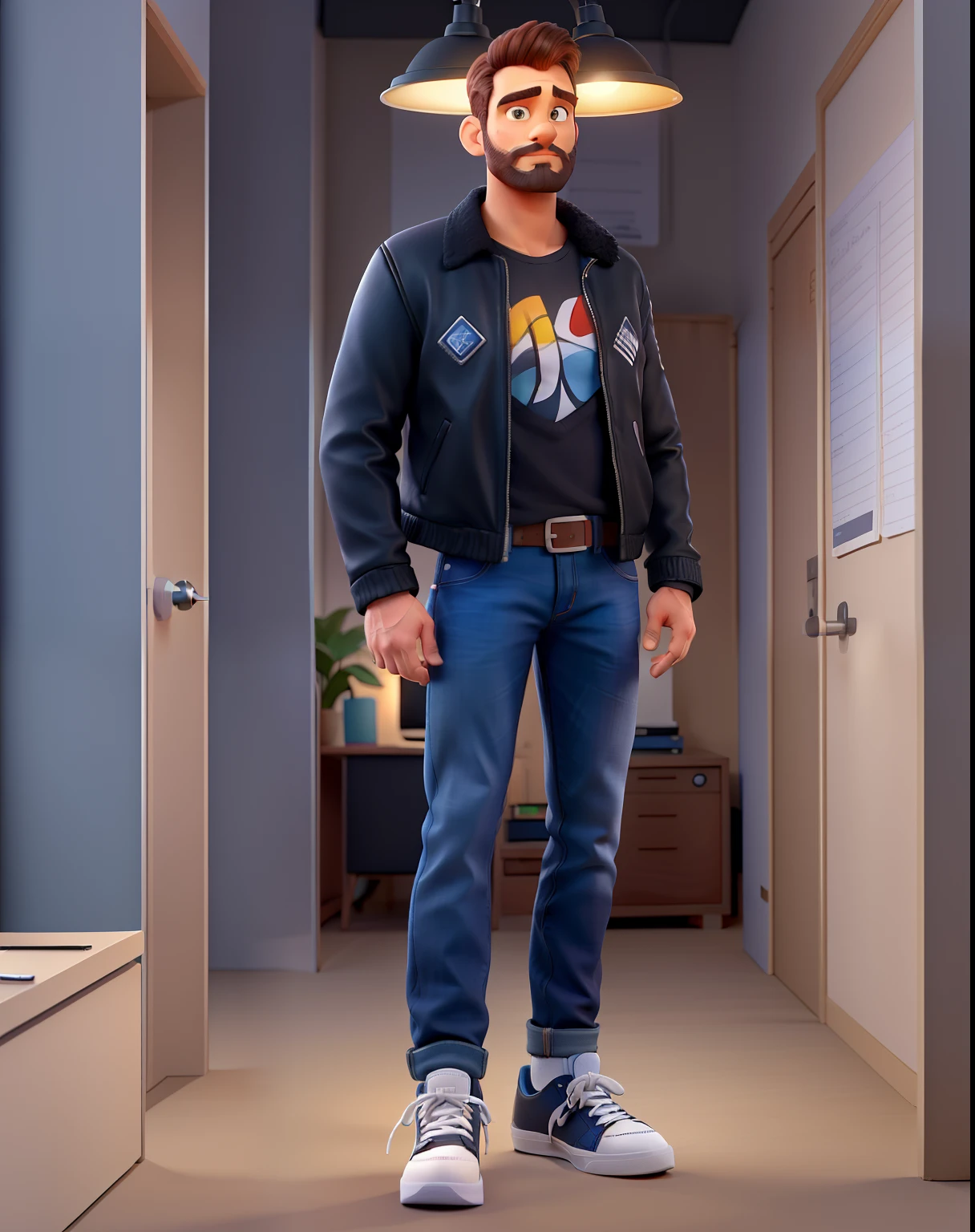 Um homem de barba grande e cheia preta, Standing in front, illuminated by the light of a lamp, against the backdrop of an office, Wearing black leather jacket and dark blue jeans with white mid-top sneakers