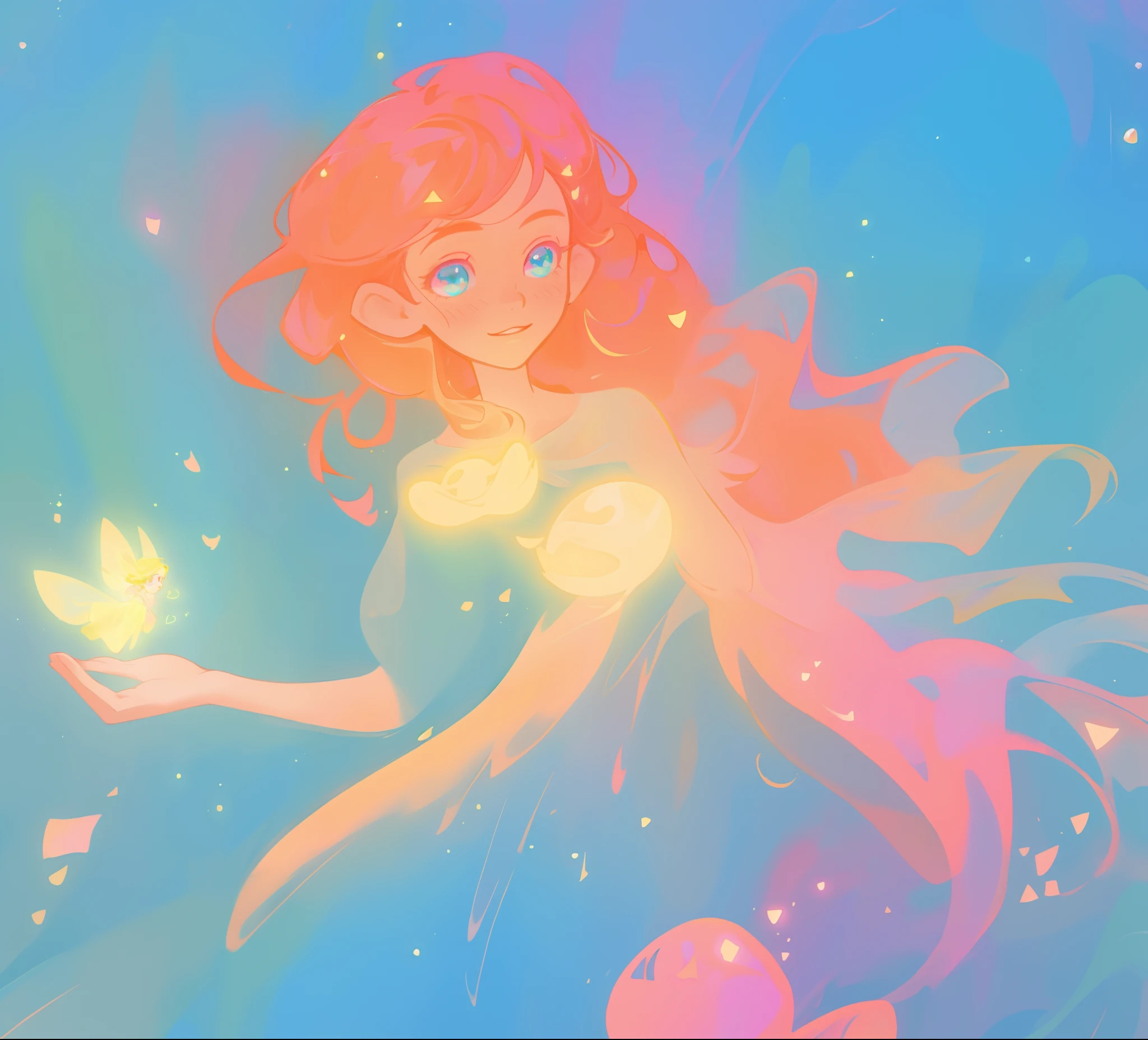 beautiful girl in blue flowing dress, ((beautiful girl holding a glowing golden fairy in her hand)), looking at the pixie in her hand, vibrant pastel colors, (colorful), magical lights, sparkling lines of light, inspired by Glen Keane, inspired by Lois van Baarle, disney art style, by Lois van Baarle, glowing aura around her, by Glen Keane, jen bartel, glowing lights! digital painting, flowing glowing hair, glowing flowing hair, beautiful digital illustration, fantasia background, whimsical, magical, fantasy, beautiful face, ((masterpiece, best quality)), intricate details, highly detailed, sharp focus, 8k resolution, sparkling detailed eyes, liquid watercolor