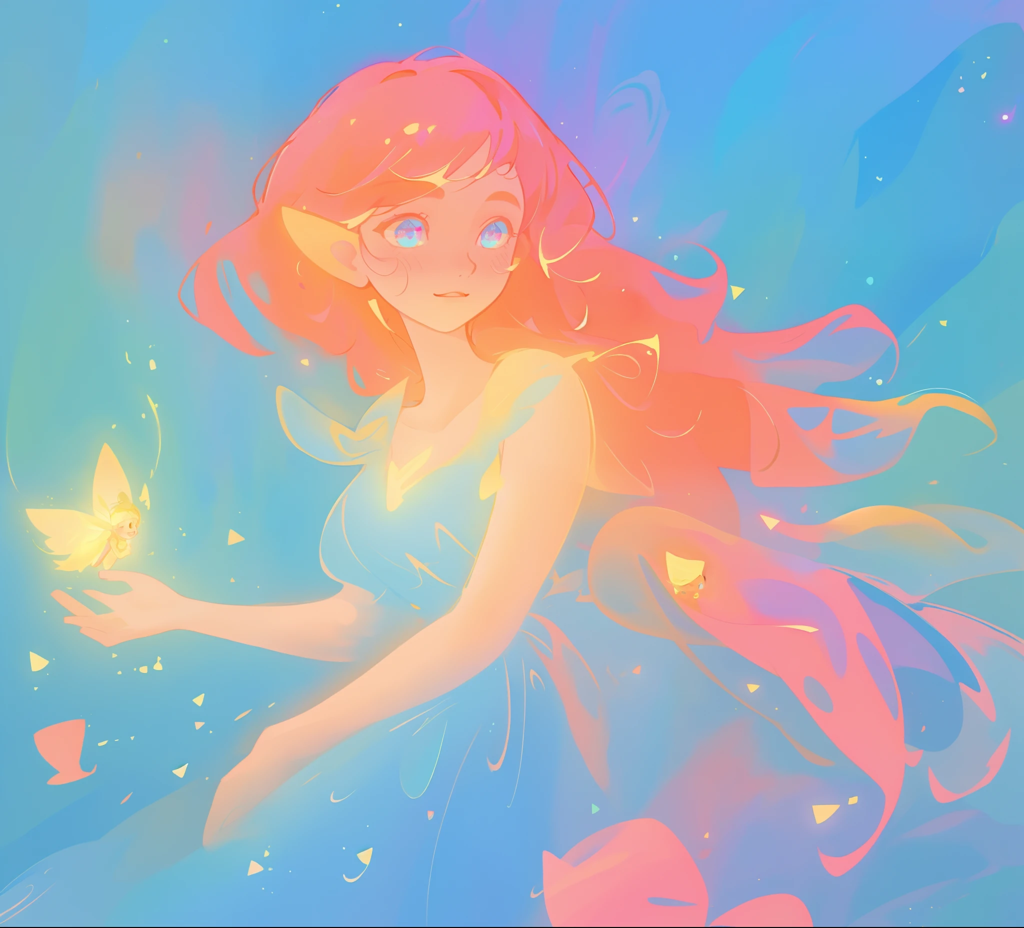 beautiful girl in blue flowing dress, ((beautiful girl holding a glowing golden fairy in her hand)), looking at the pixie in her hand, vibrant pastel colors, (colorful), magical lights, sparkling lines of light, inspired by Glen Keane, inspired by Lois van Baarle, disney art style, by Lois van Baarle, glowing aura around her, by Glen Keane, jen bartel, glowing lights! digital painting, flowing glowing hair, glowing flowing hair, beautiful digital illustration, fantasia background, whimsical, magical, fantasy, beautiful face, ((masterpiece, best quality)), intricate details, highly detailed, sharp focus, 8k resolution, sparkling detailed eyes, liquid watercolor