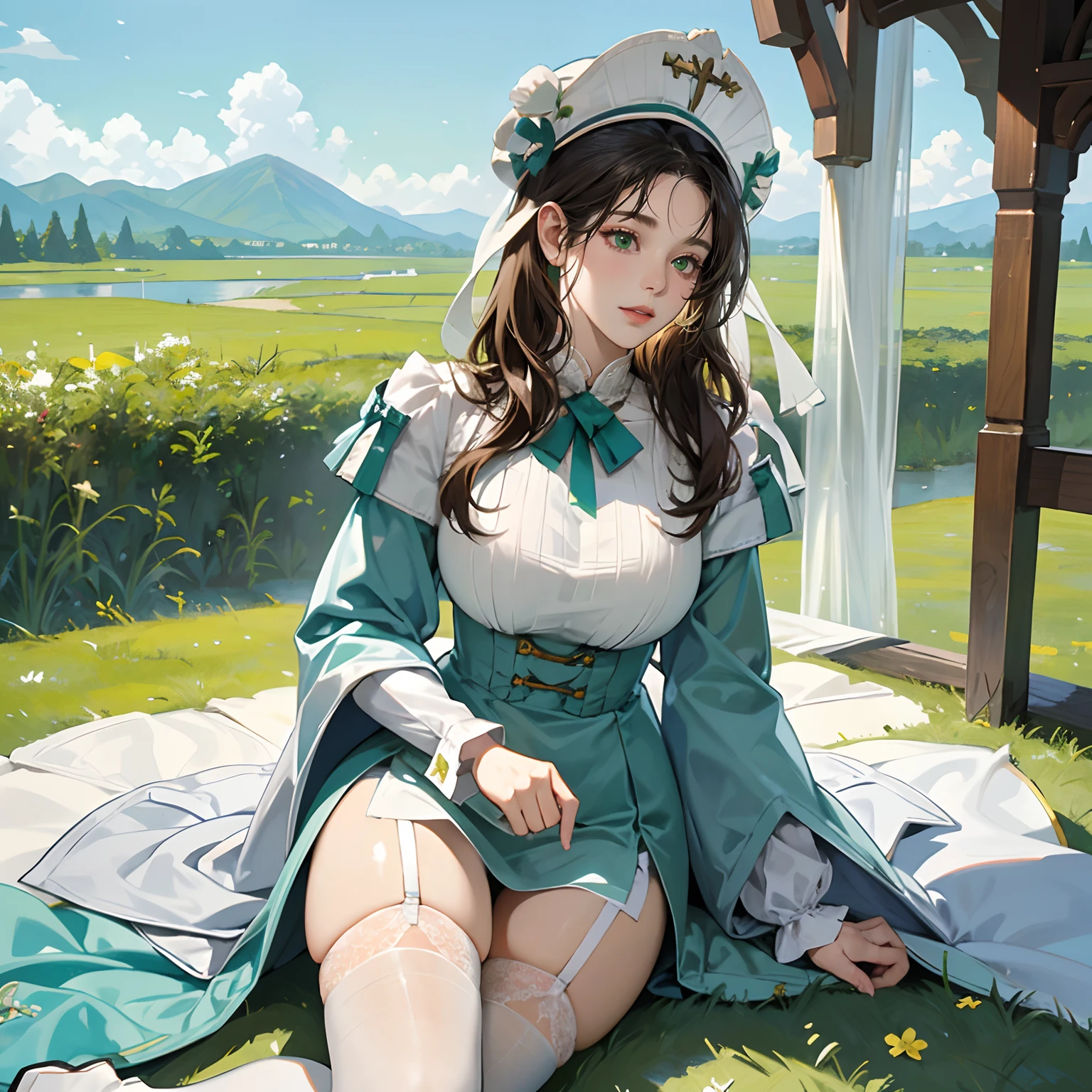 Women in Their 20s, Fantasia、offcial art, unity 8k wall paper, ultra-detailliert, beautifly、Aesthetic, masterpiece, top-quality, Photorealsitic、White Wizard、healer、Healing Magic、Recovery Magic、Enveloped in green light、Saint a girl、White clothes with cross design、crosses、White underwear、Thighs seen through the slit、dark brown short hair、the vast grassland、Green Tree々、majestic view、You can see the castle at the top of the mountain、depth of fields, Fantastic atmosphere, Calm palette, tranquil mood, Soft shading、very large breast、plump figure、Flock of small white birds、Healer's wand:2.0、Staff with green orbs、Costumes with long hems、Deep slit、Huge breasts、Hats with cross design、White cap、thick thight、White lace stockings、White garter belt、
