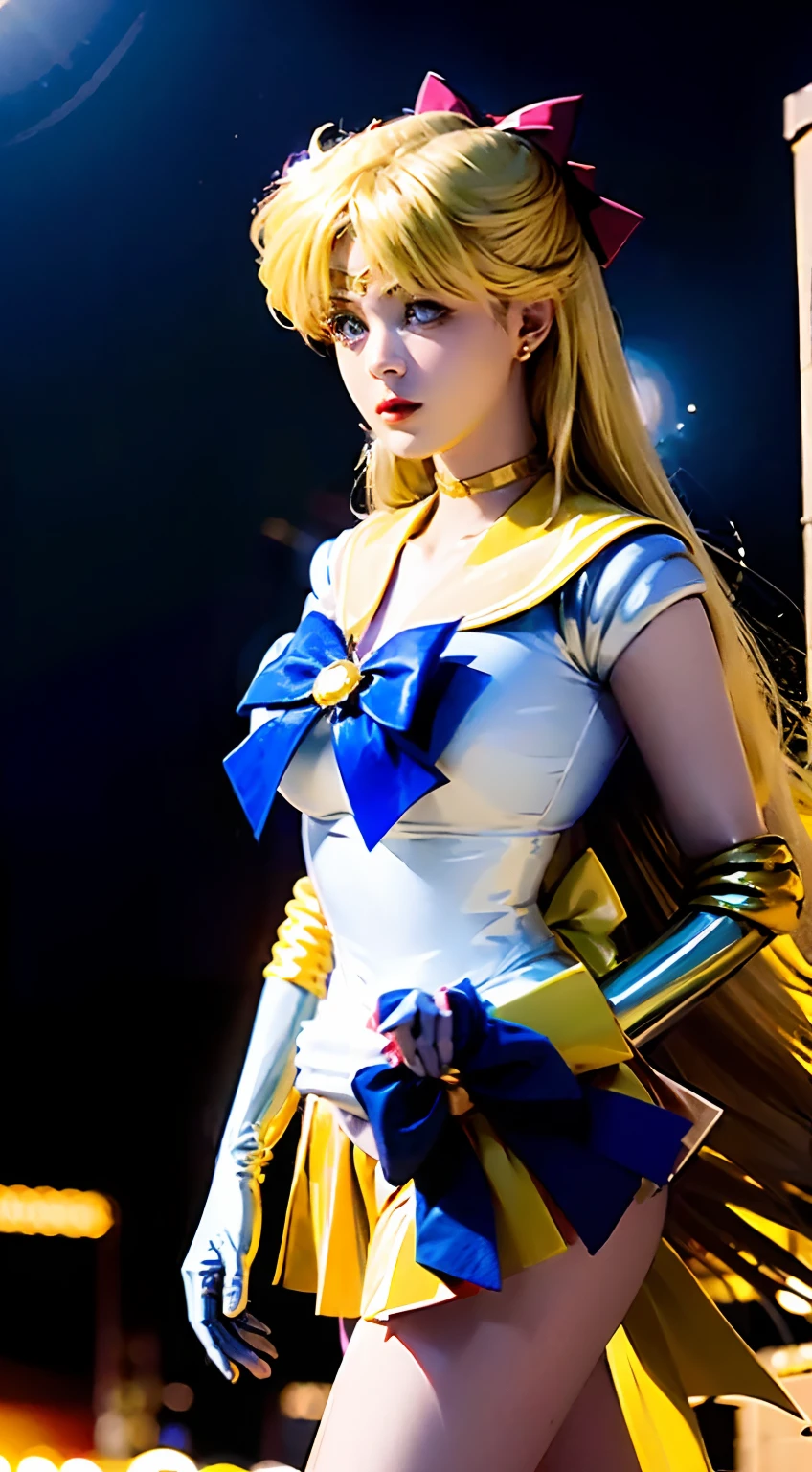 ((masterpiece:1.4)、(top-quality:1.4)、(reallistic:1.7))、masuter piece:1.4、a beauty girl、(Sailor Moon:1.4)、Tsukino Usagi、Body Fit Sexy Sailor Senshi Uniform、(latex shiny)、(The jacket is a white sleeveless sailor suit)、(Skirt is blue sexy ultra ultra mini skirt)、The collar of the sailor suit is blue with two thin lines.、high leg swimsuit、Red cloth ornament at chest、(Wearing white gloves)、Kawaii Girl、Super beauty、foco nítido、Portrait photos、Upper body photography:1.4、Beautiful expression、beautidful eyes、Narrow waist、(Yellow hair:1.4)、(length hair:1.2)、Raw photo、red-lips、Red high heels:1.4、a choker:1.4、a necklace:1.4、耳Nipple Ring:1.4、Luxurious golden tiara on forehead:1.4、1 screen display、Outdoor landscape