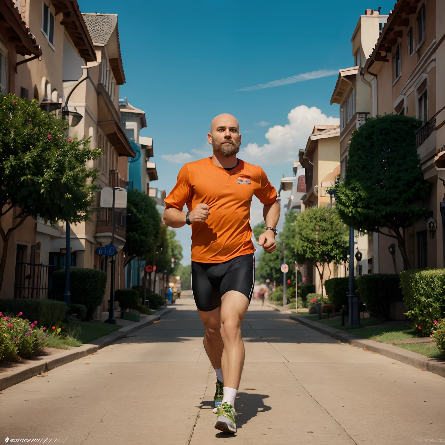 Generate a Disney Pixar movie poster with a running guy bearde and bald