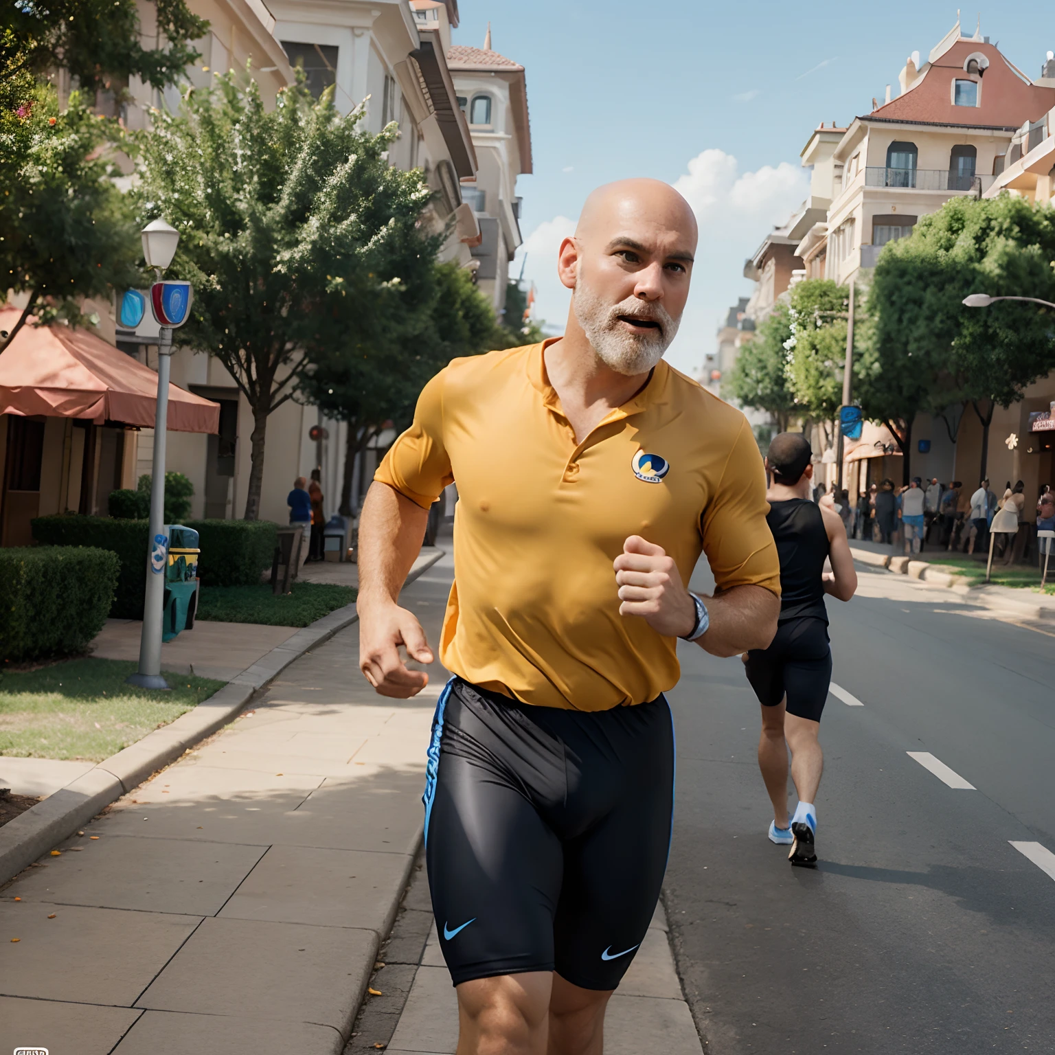 Generate a Disney Pixar movie poster with a running guy bearde and bald