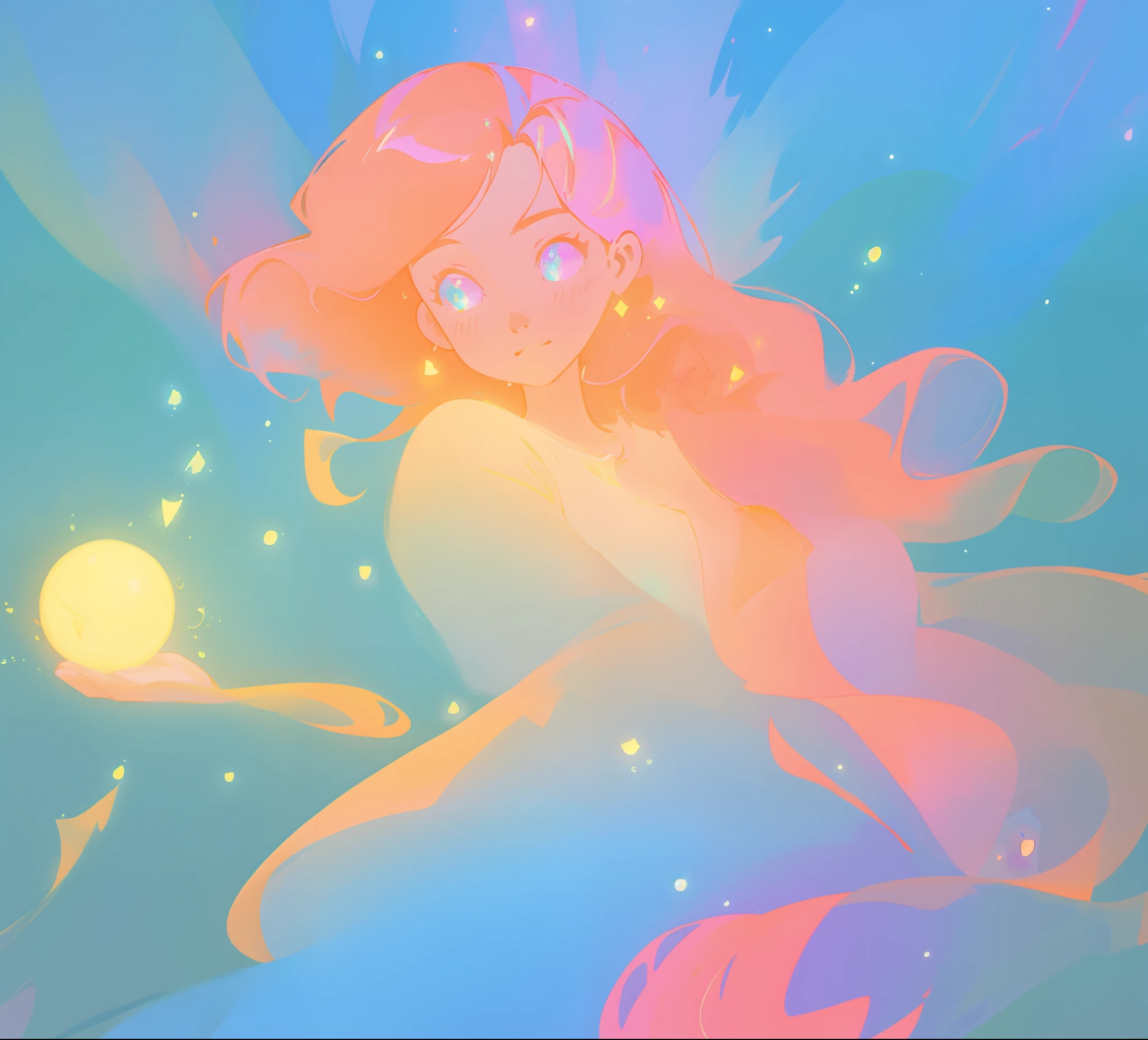 beautiful girl in blue flowing dress, glowing golden ball of light, vibrant pastel colors, (colorful), magical lights, sparkling lines of light, inspired by Glen Keane, inspired by Lois van Baarle, disney art style, by Lois van Baarle, glowing aura around her, by Glen Keane, jen bartel, glowing lights! digital painting, flowing glowing hair, glowing flowing hair, beautiful digital illustration, fantasia background, whimsical, magical, fantasy, beautiful face, ((masterpiece, best quality)), intricate details, highly detailed, sharp focus, 8k resolution, sparkling detailed eyes, liquid watercolor