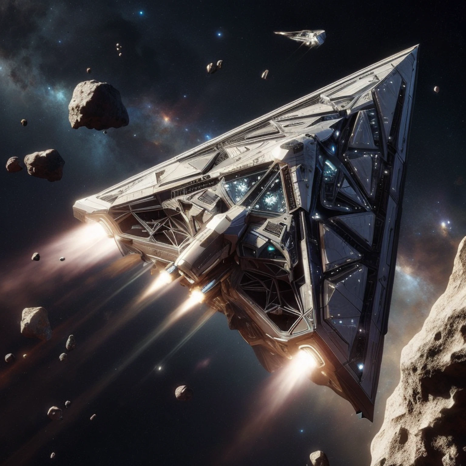 spaceship flying over a rocky area with a lot of rocks, star citizen origin 100i, star citizen digital art, star citizen, elite dangerous, star citizen concept art, star citizen halo, asteroids, an epic space ship scene, space ships, award winning scifi art, sci-fi space game art, asteroids realistic cinematic