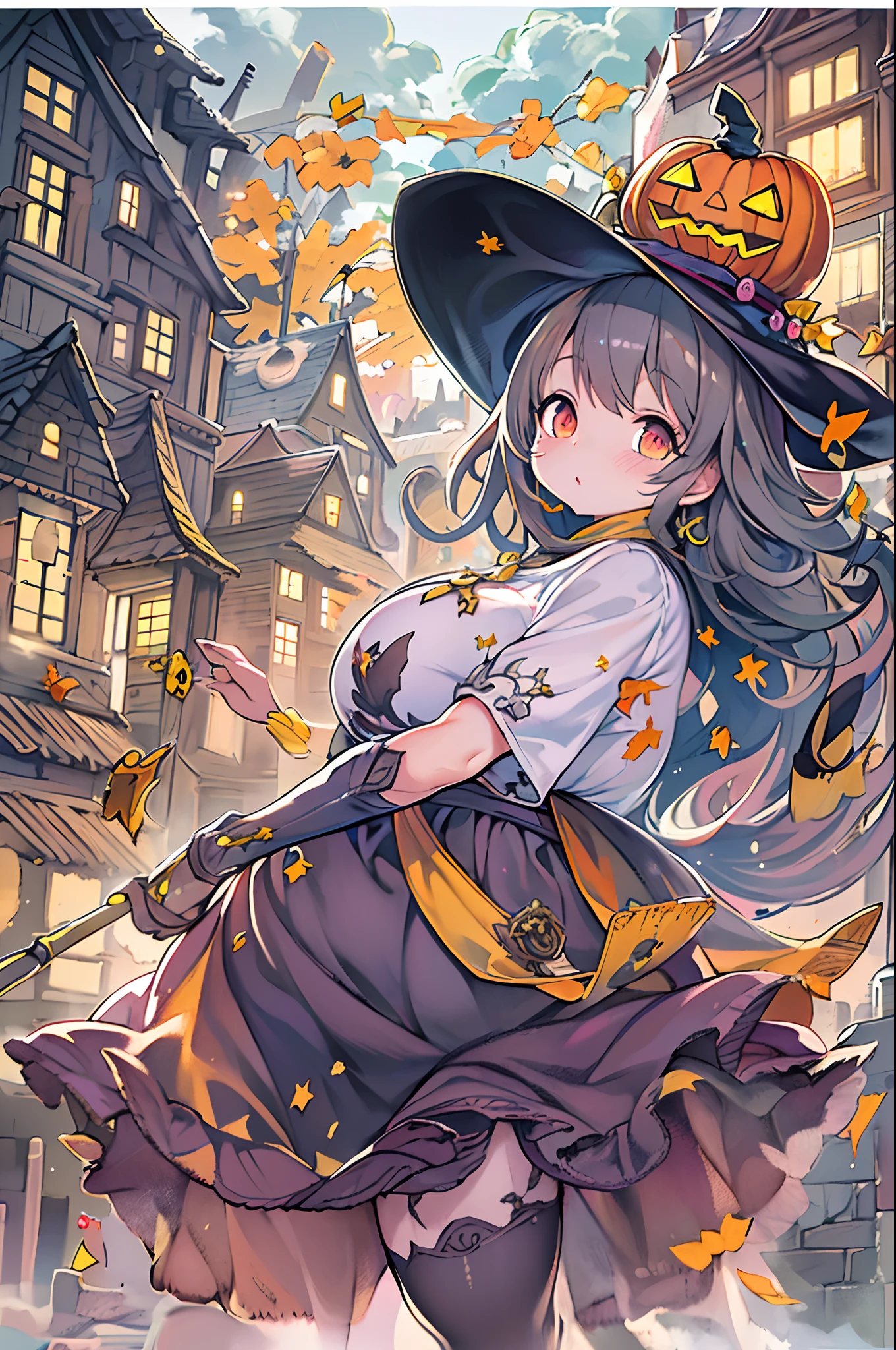 masutepiece, Best Quality, Charming Halloween 8 year old witch, Random coloring,2D, planar vector, T-shirt design, Colorful splashes, Fantasy Art, Watercolor effect,Digital Painting, white bg, 8K、night cityscape,bbw,Anime style、huge-breasted