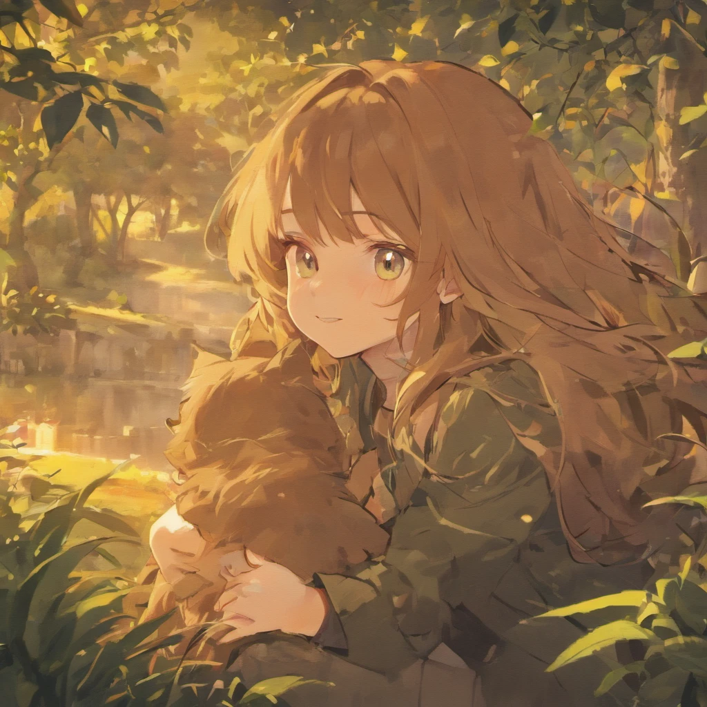 Image of a pixar-style girl, with reference to a 15-year-old Brazilian girl with light brown skin, she has long wavy hair and bangs, she is smiling, her hair and eyes are brown, she is with her faithful friend Mago, a black cat and Witch a white cat lying in the garden
