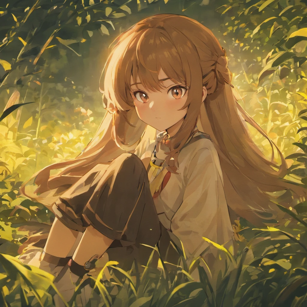 Image of a pixar-style girl, with reference to a -yeld Brlian girl with light brown skin, she has long wavy hair and bangs, she is smiling, her hair and eyes are brown, she is with her faithful friend Mago, a black cat and Witch a white cat lying in the garden