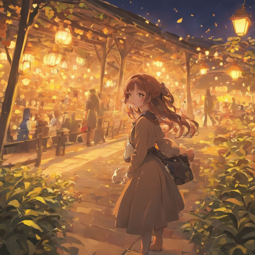 Image of a pixar-style girl, with reference to a 15-year-old Brazilian girl with light brown skin, she has long wavy hair and bangs, she is smiling, her hair and eyes are brown, she is with her faithful friend Mago, a black cat and Witch a white cat lying in the garden