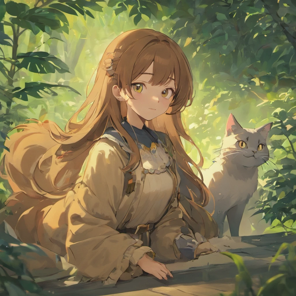 Image of a pixar-style girl, with reference to a -yeld Brlian girl with light brown skin, she has long wavy hair and bangs, she is smiling, her hair and eyes are brown, she is with her faithful friend Mago, a black cat and Witch a white cat lying in the garden