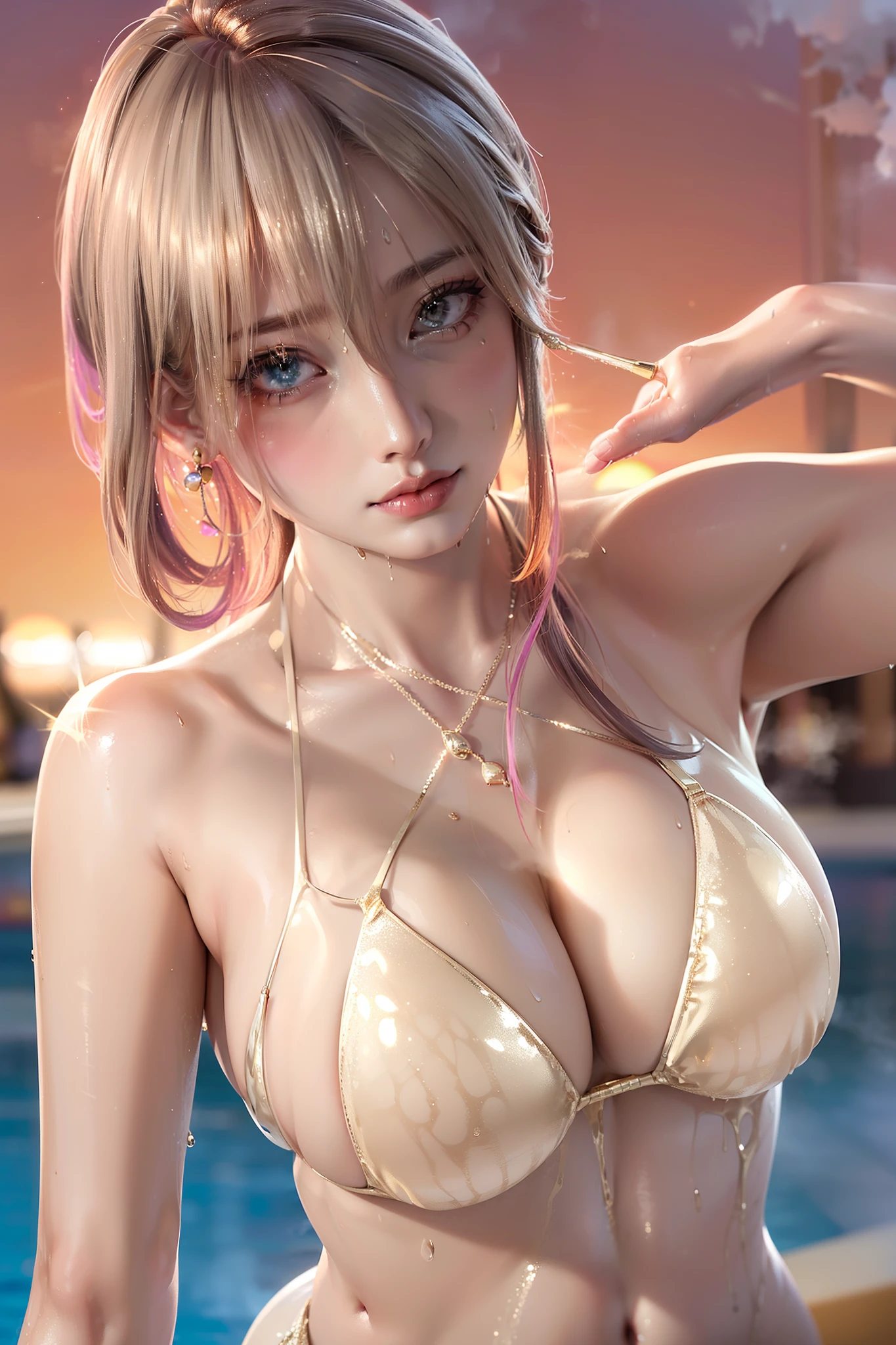 1 beauty, (Light Purple Eyeshadow、Smaller face, (Long body:1.2), Watery Big Eyes, Toned body, Beautiful constriction, ((Erotic face:1.4)), long eyelasher, in poolside, Wet whole body, ((Glittering champagne gold colored bikini swimsuit:1.4)), (wet and disheveled hair:1.4), ((Perfect Anatomy:1.2)), (Heavy sweat on the face:1.2), Splattering splashes shine:2, fine splashes on the body, (Platinum Necklace and Earrings), (Sunset colored sky:1.4)、sexy pose、(((Sweat,steam)))、Dark hair、Black eyes、de pele branca、sexy Chinese