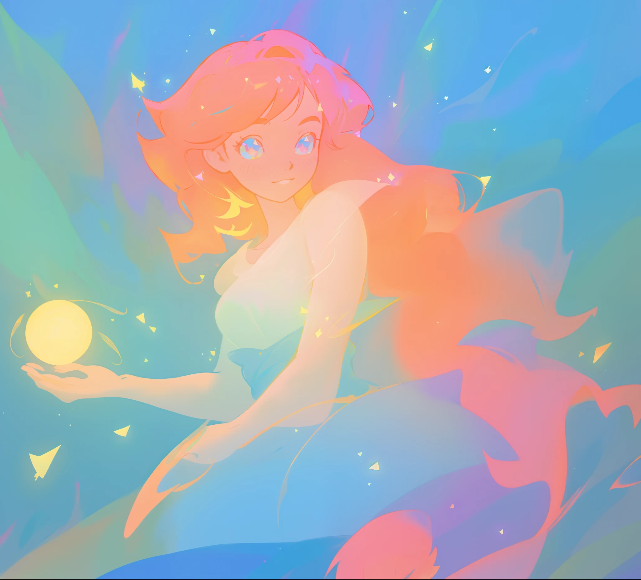 beautiful girl in blue flowing dress, glowing golden ball of light, vibrant pastel colors, (colorful), magical lights, sparkling lines of light, inspired by Glen Keane, inspired by Lois van Baarle, disney art style, by Lois van Baarle, glowing aura around her, by Glen Keane, jen bartel, glowing lights! digital painting, flowing glowing hair, glowing flowing hair, beautiful digital illustration, fantasia background, whimsical, magical, fantasy, beautiful face, ((masterpiece, best quality)), intricate details, highly detailed, sharp focus, 8k resolution, sparkling detailed eyes, liquid watercolor