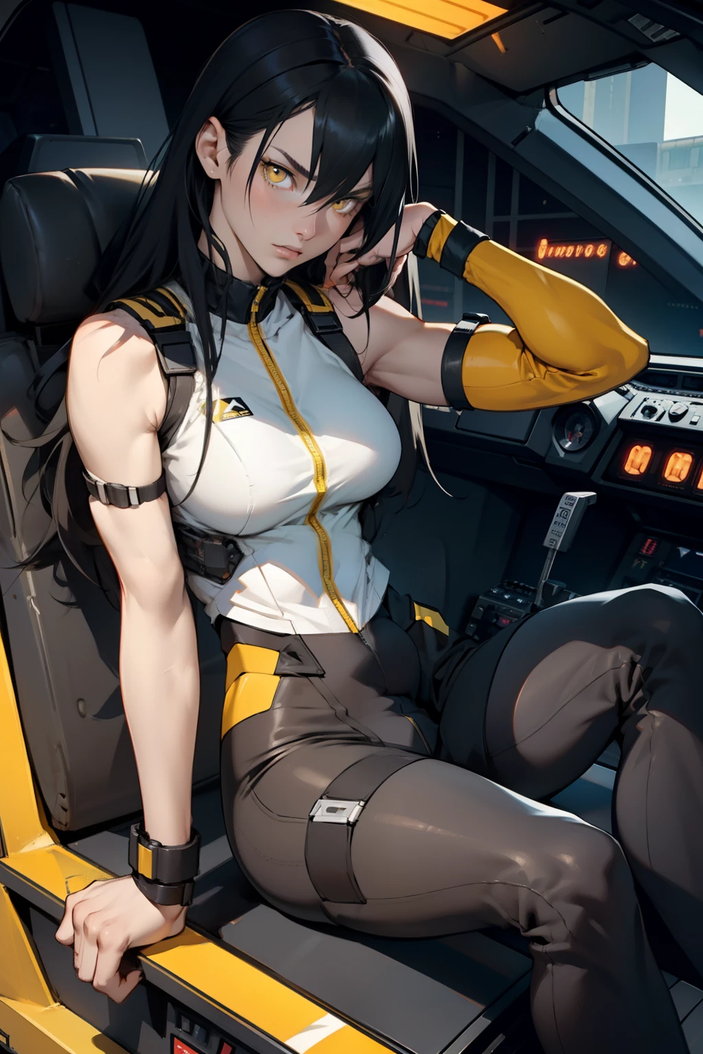 1 girl, black hair, yellow eyes, very long hair, pale skin, fit body, slender body, slim waist, large breasts, (confident expression), pilot suit, thigh gap, bare thighs, sleeveless, show bare legs, fit thighs, sitting in a cockpit