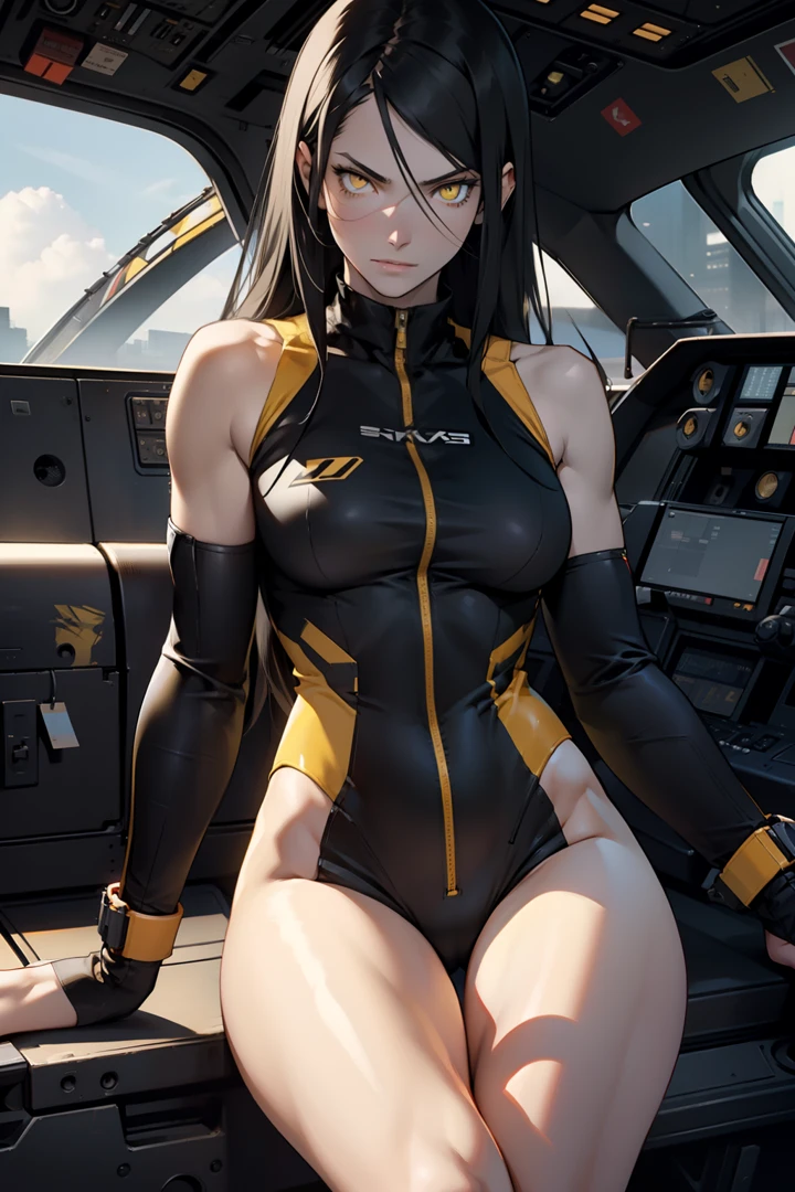 1 girl, black hair, yellow eyes, very long hair, pale skin, fit body, slender body, slim waist, large breasts, (confident expression), pilot suit, thigh gap, bare thighs, sleeveless, show bare legs, fit thighs, sitting in a cockpit