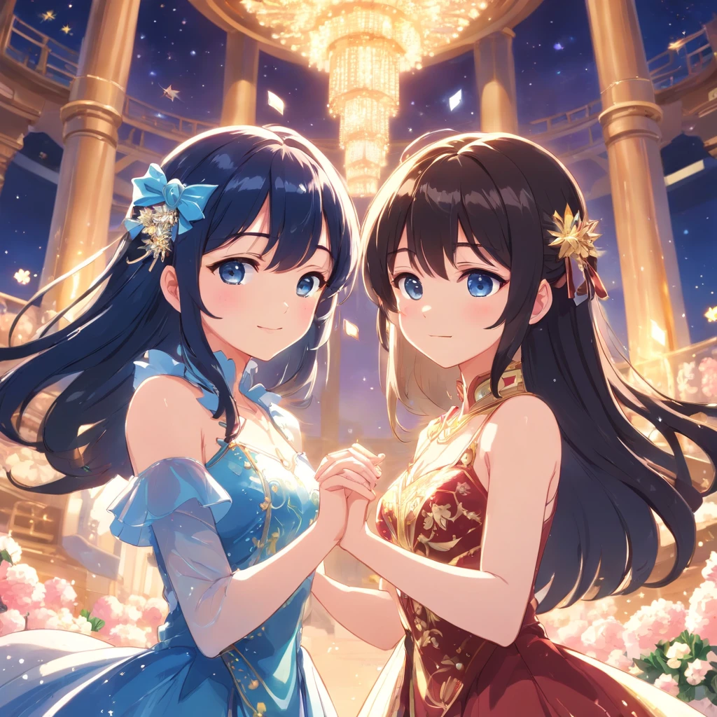 Two young and cute、Black-haired Japan woman facing each other、Holding hands with their foreheads pressed together、dramatic compositions, Dress in court style, royal, Gorgeous, Cascade frills, frilld, the bow, crystal chandeliers, Roman curly hairstyle, Bonnet, Tie a double ponytail like a drill, Look at the camera, Bangs, maximalism, palace background, Delicate depiction of hair and eyes, princess dress, gorgeous dress, Flowers in hand, ssmile, Starry eyes, Cinematic Light, Extreme Detail, High Definition, happy girl, Very long hair, Diamonds, Broken Diamond, Junction chips, light Particle