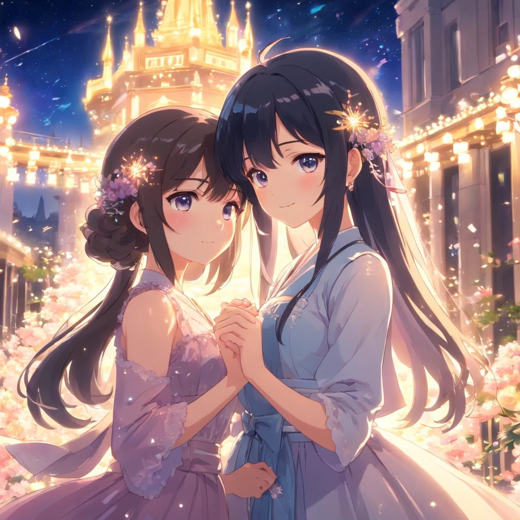 Two young and cute、Black-haired Japan woman facing each other、Holding hands with their foreheads pressed together、dramatic compositions, Dress in court style, royal, Gorgeous, Cascade frills, frilld, the bow, crystal chandeliers, Roman curly hairstyle, Bonnet, Tie a double ponytail like a drill, Look at the camera, Bangs, maximalism, palace background, Delicate depiction of hair and eyes, princess dress, gorgeous dress, Flowers in hand, ssmile, Starry eyes, Cinematic Light, Extreme Detail, High Definition, happy girl, Very long hair, Diamonds, Broken Diamond, Junction chips, light Particle