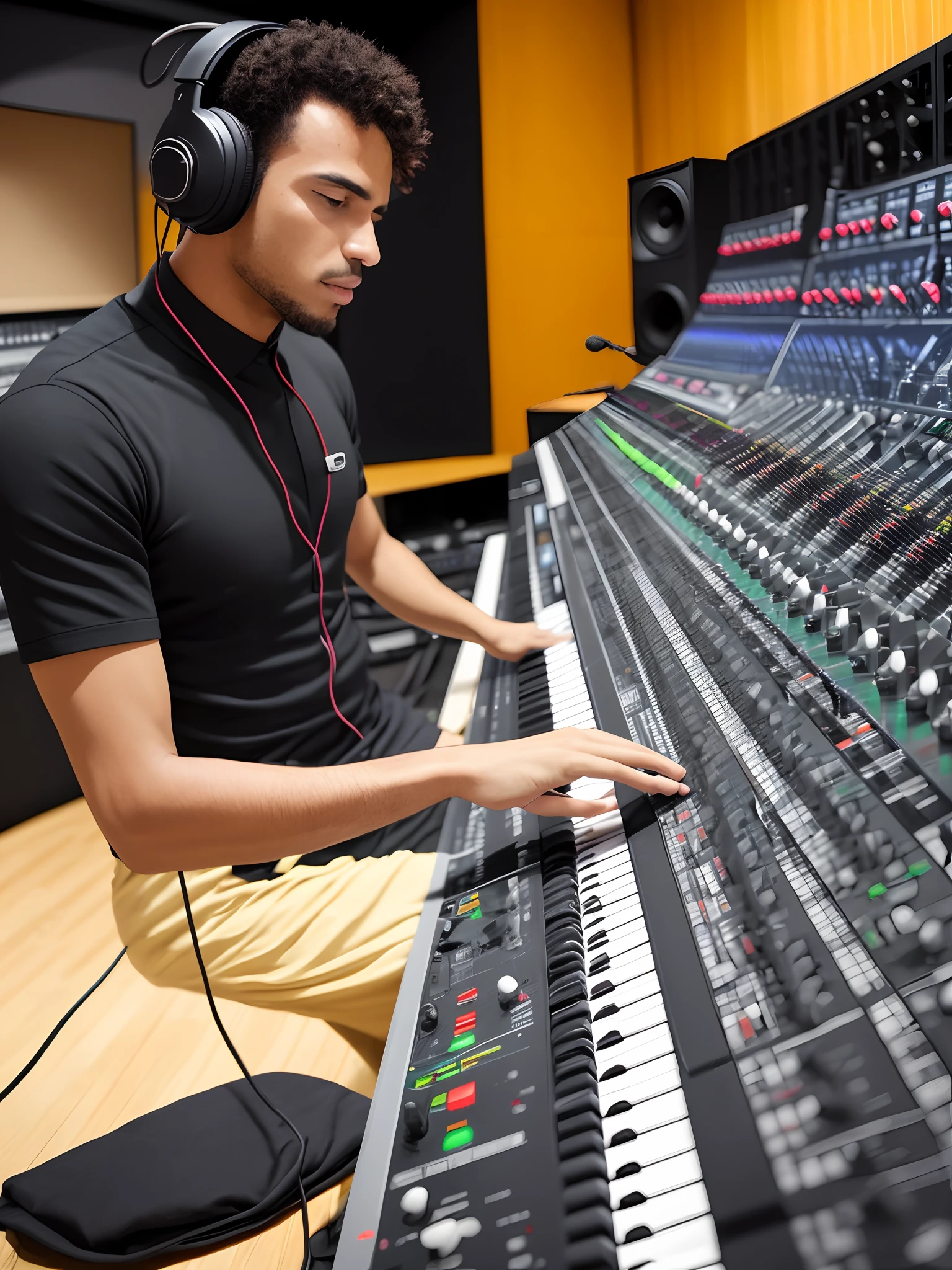 Homem negro, vestido despojada mente, tocando teclado vermelho, in a modern recording studio