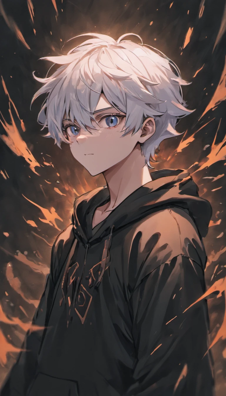 a white-haired, black-eyed man in a black hoodie, surrounded in a billowing black aura, black aura behind him, detailed digital anime art, engulfed by darkness, anti-spell magic, handsome guy in black clover art, short hair, by Yang J, completely composed of darkness, hair made of shadow, Asta from black clover