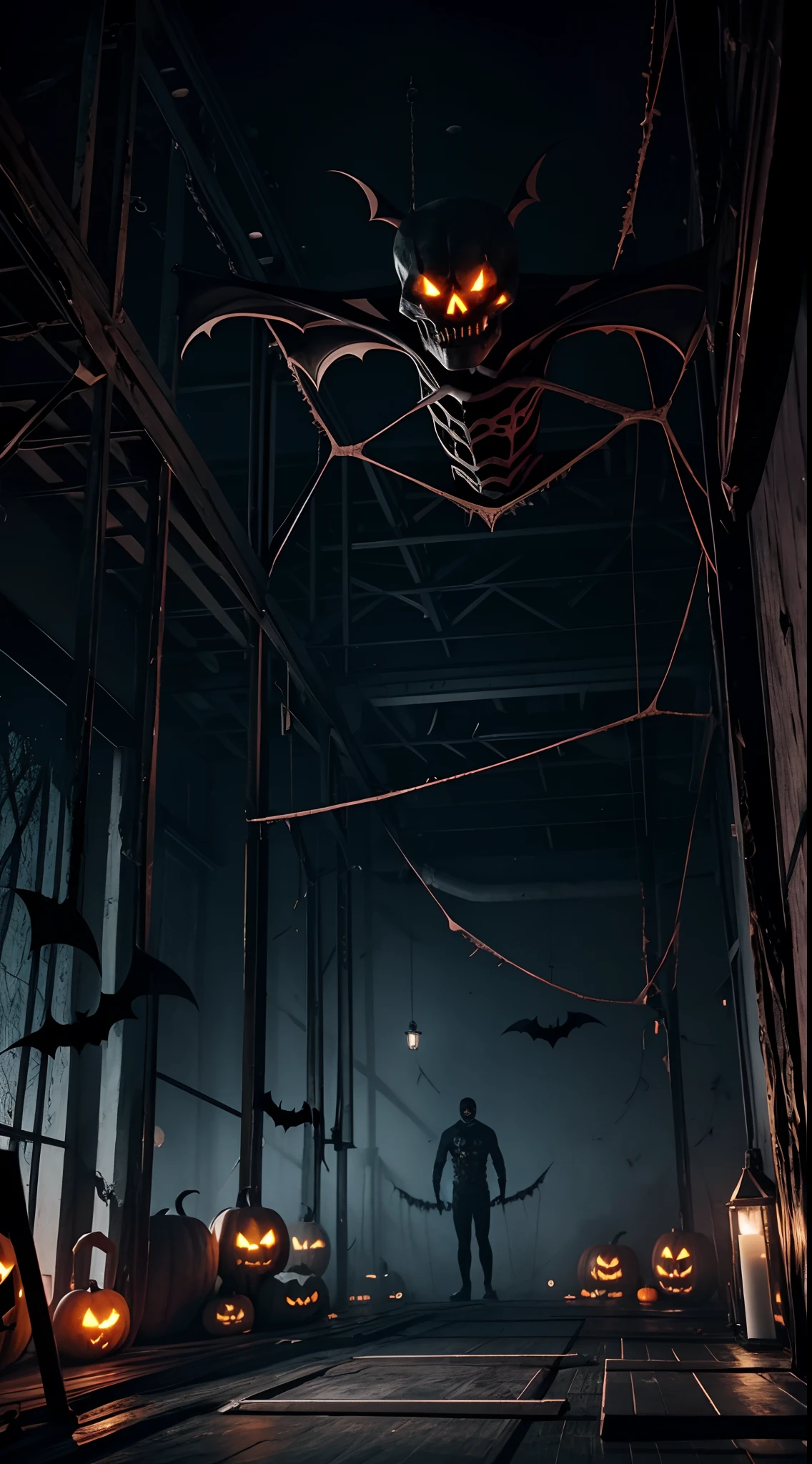 a creepy halloween gym with bats, skulls, spiders and cobwebs