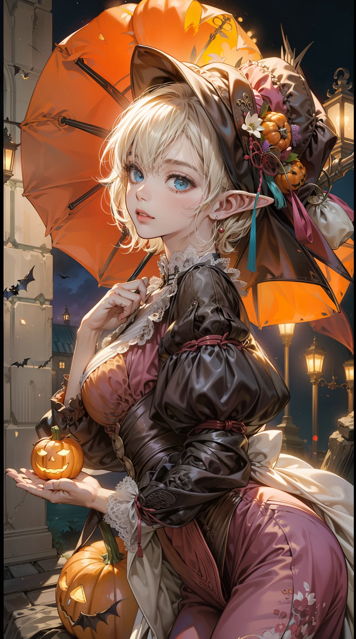 🎃🎃🎃🎃🎃🎃, (masterpiece), (best quality), (ultra-detailed), (jack o lantern), (pumpkin), (bat), (candy), (sweets), A elf woman race, Female, beautiful elf race, white blonde short hair, asymmetrical bang, insanley detailed face and eyes, Perfect lips. Her eyes, a striking shade of blue, contrast with her fair complexion. She's dressed in a orange Victorian-era dress, complete with a parasol and a bonnet. The scene is set in a bustling city square, under the twilight sky on Halloween night. The artwork is characterized by its Victorian style and detailed textures, masterpiece, Aesthetic, dramatic, cinematic lighting, fine expression, fine detail, masterpiece, a digital art by Yusuke Murata.