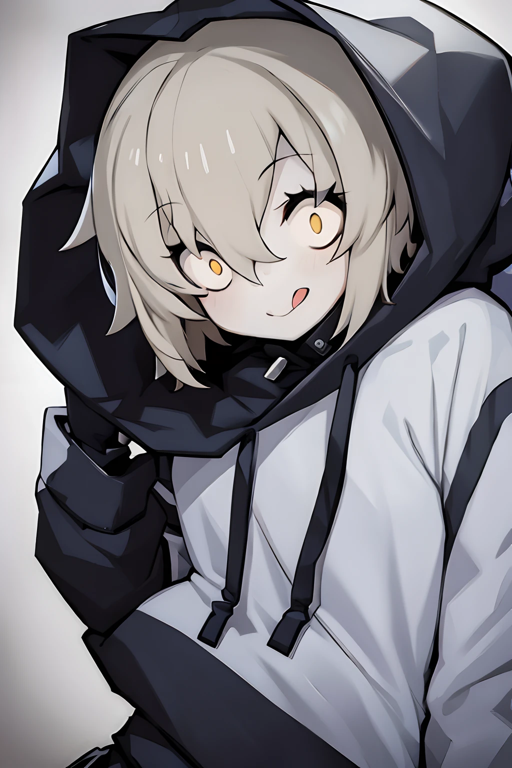 1girl,ZoMaid,hooded sweatshirt,gray hair,short hair,tongue stud