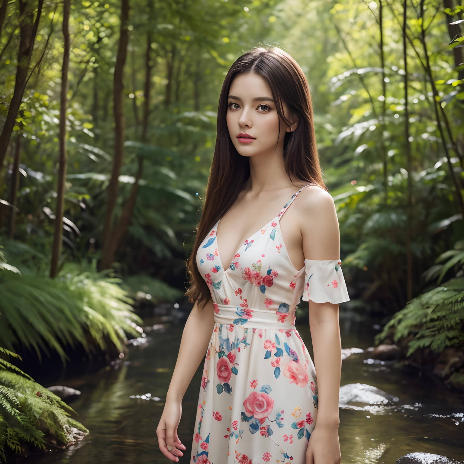 a full body portrait of a Russian girl in a colorful floral dress, forest scene, stream, mountain, photorealistic, realistic, 8K, UHD, intricate details, detailed face,