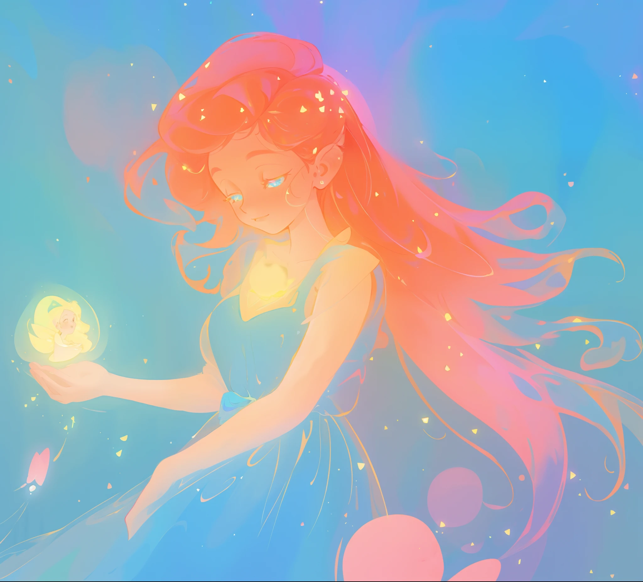 beautiful girl in blue flowing dress, ((beautiful girl holding a glowing golden fairy in her hand)), looking at the pixie in her hand, vibrant pastel colors, (colorful), magical lights, sparkling lines of light, inspired by Glen Keane, inspired by Lois van Baarle, disney art style, by Lois van Baarle, glowing aura around her, by Glen Keane, jen bartel, glowing lights! digital painting, flowing glowing hair, glowing flowing hair, beautiful digital illustration, fantasia background, whimsical, magical, fantasy, beautiful face, ((masterpiece, best quality)), intricate details, highly detailed, sharp focus, 8k resolution, sparkling detailed eyes, liquid watercolor