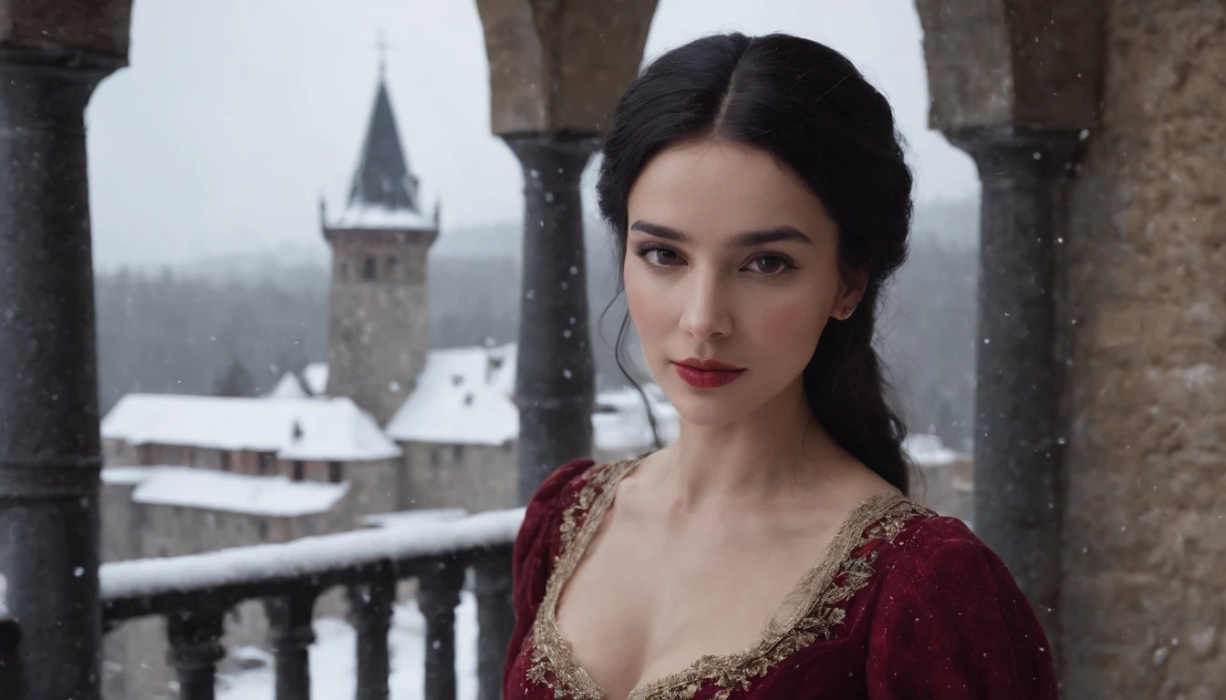 at night, young noble woman with black hair and brown eyes stands on a snowy castle balcony, night, wearing crimson gown, midnight, eerie, snow storm, gothic, cinematic, cinematic scene from film, 8k