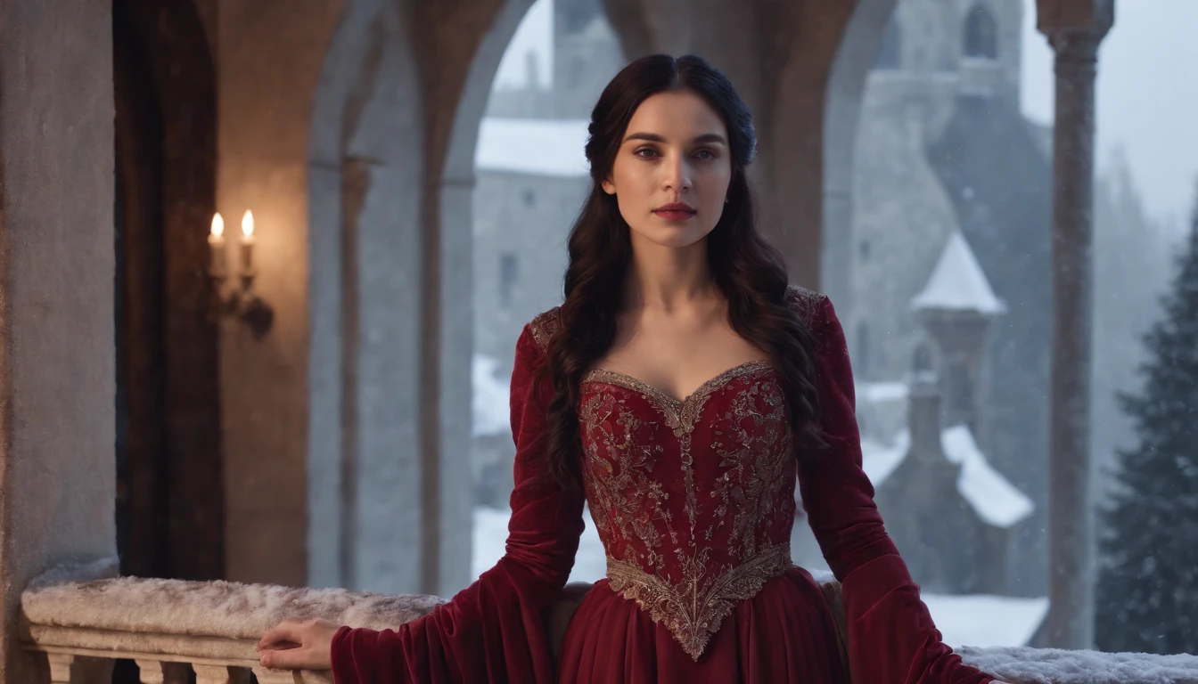 at night, young noble woman with black hair and brown eyes stands on a snowy castle balcony, night, wearing crimson gown, midnight, eerie, snow storm, gothic, cinematic, cinematic scene from film, 8k