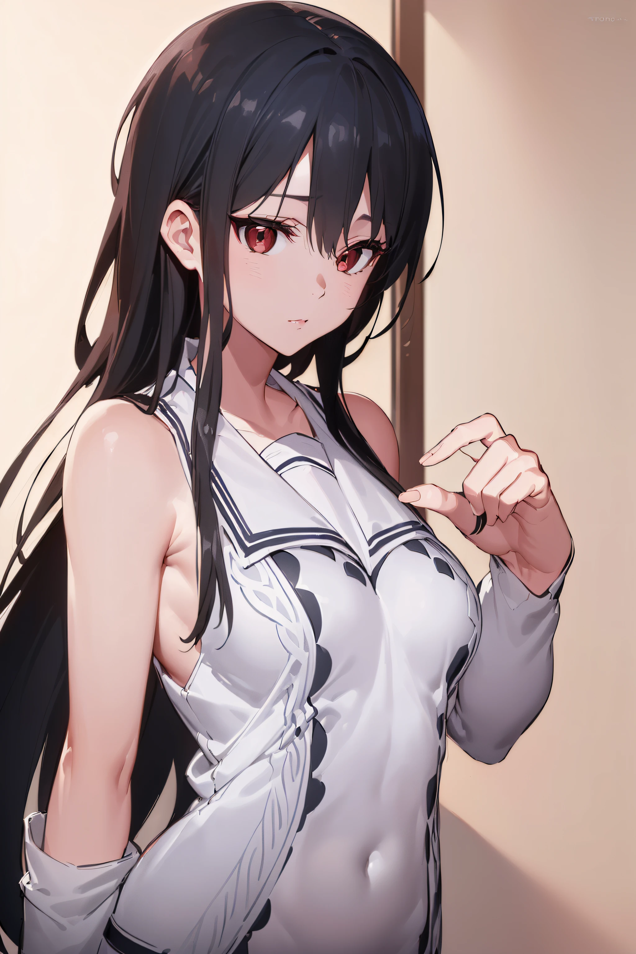 (masterpiece, best quality, 16k, 8k, ultra highres, plain white background, 1girl ,mitsuki_nase, black hair, long hair, red eyes, brown eyes, beautiful face, hyperdetail face, hyperdetail white shirt,serafuku, cardigan ,sexy woman, closed clothes, (((solo:1.5))), gorgeous body, (((upper body, half body shot:1.5))),(((looking at the camera, symetrical, sharp focus, intricate detail, elegant, concept art, cinematic))), (direct view:1.4),(perfect fingers),(perfect hands, perfect anatomy),