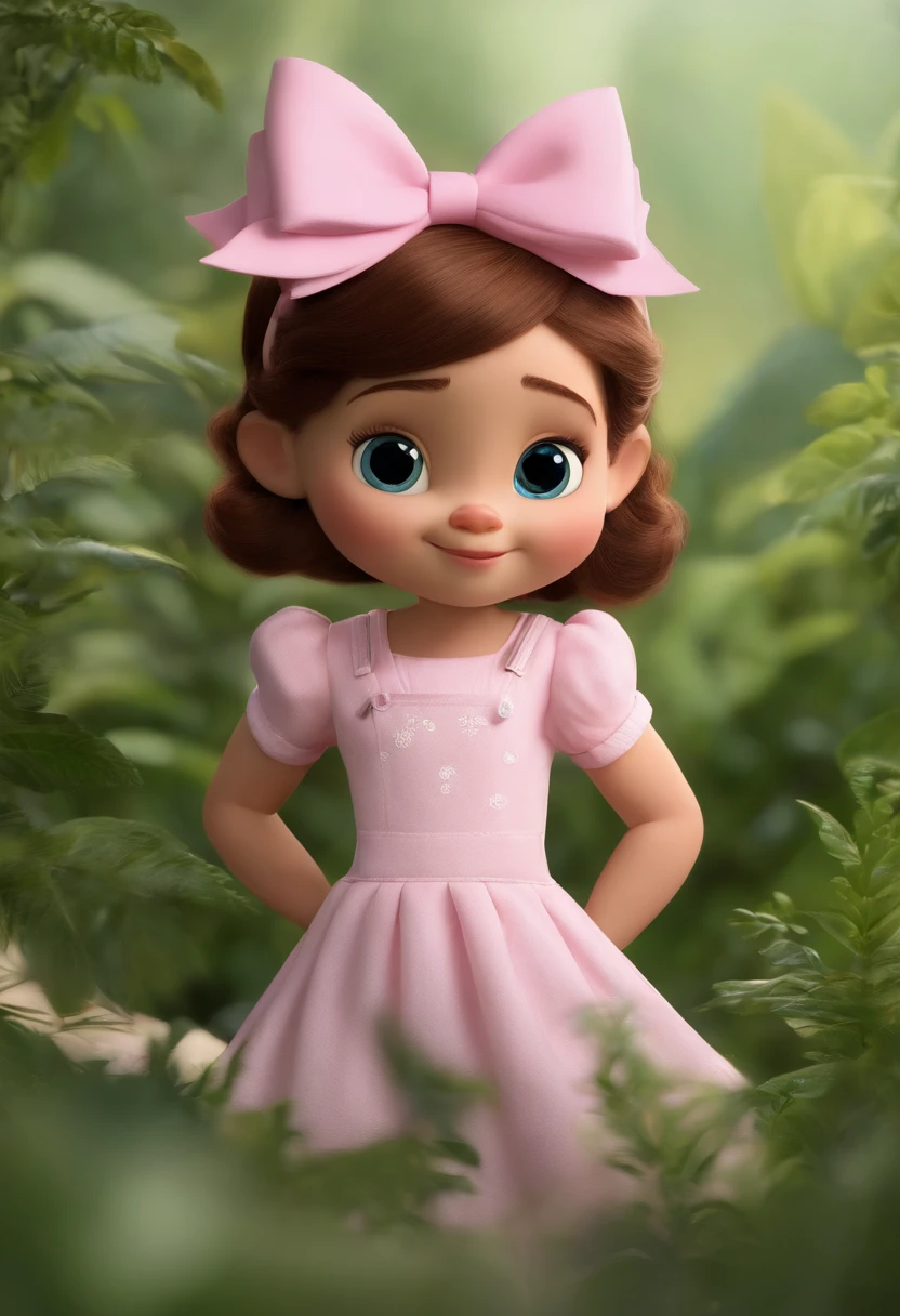 imagem 3d inspirada poster pixar , menininha com 2 anos, cabelos curtos, 81cm de altura, pink bow on head, esta usando uma macacao jeans, White pouch on right arm, ao fundo uma parede de tijolos branca, ao lado uma parede com plantas verdes