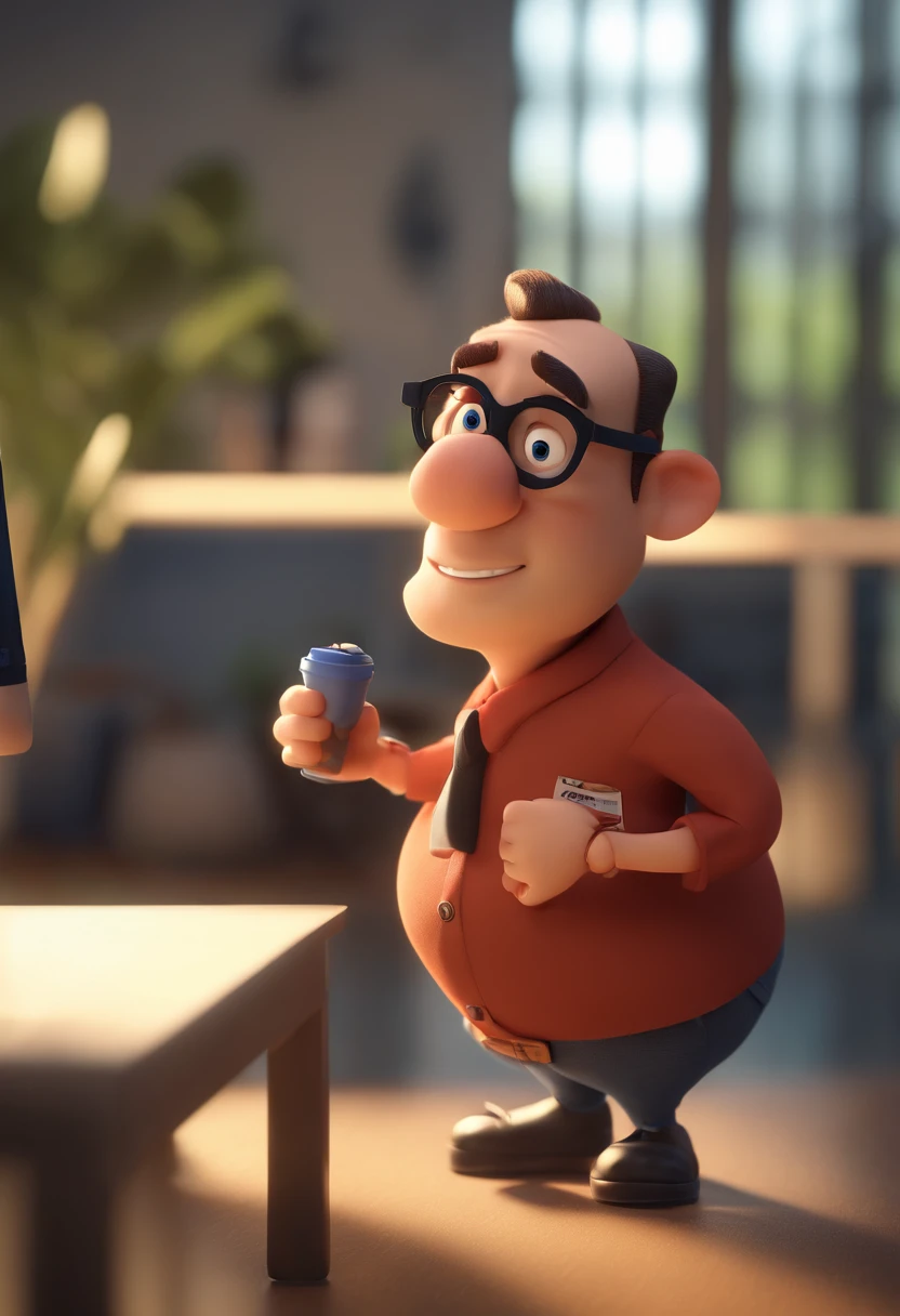 Cartoon character of a man wearing black glasses and a blue shirt, um personagem animado, Caractere estilizado, animation style rendering, 3D estilizado, Arnold Maya render, 3 d render stylized, toon render keyshot, Personagem 3D, Personagem 3D, 3d rendering stylized, 3 d character render, personagem de desenho animado, Personagem de close up, Pose de personagem, (Estilo Pixar) (master part:1.2) (Bokeh) (best quality) (pele detalhada) (textura detalhada) (8k) (argila) (Cinematic lighting) (foco nítido，Sits and empties upper body in an ENT doctor's office