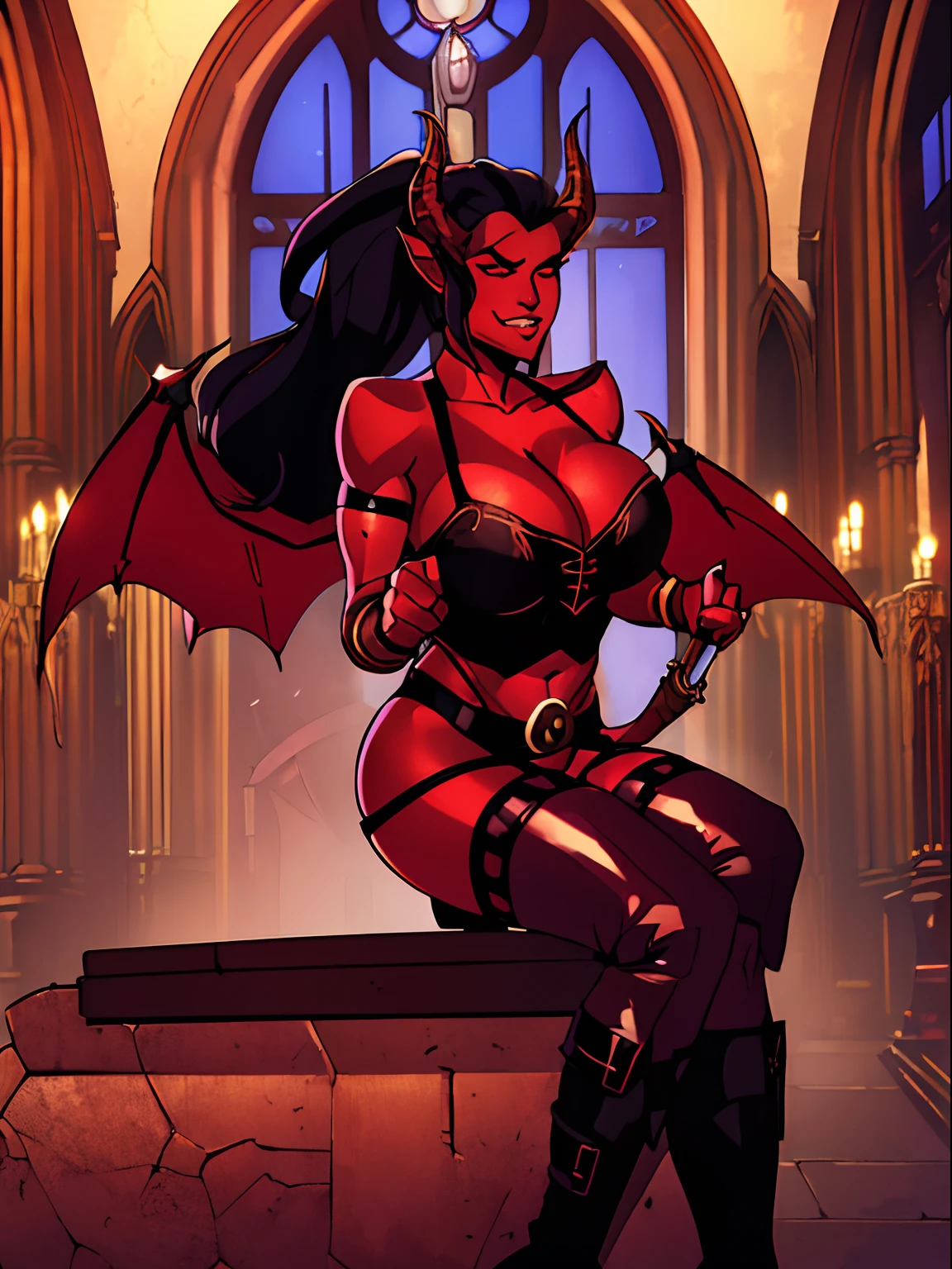 (masterpiece, top quality, best quality, official art, beautiful and aesthetic:1.2), (1girl:1.3), (black hair in big (ponytail)), extremely detailed, portrait, looking at viewer, solo, (full body:0.6), detailed background, close up, (hot medieval church theme:1.1), Tiefling, female, horns, tail, wings, long hair, tail, black hair, dragon girl, dragon horns, blood, scales, dragon wings, (((red skin), colored skin)), extremely busty Tiefling, charlatan, wicked grin, sultry smirk, forked tongue, mysterious, seducing in a cathedral, black ram horns, curled horns, curved horns, demon horns, skimpy leather (sports bra), sleeveless, fingerless gloves, claws, shotgun, ammo belt, shotgun shells, black leather, thong, thigh-high boots, bracers, boots, buckles, straps, ((((gigantic breasts, cleavage, skindentation)))), cute belly button, trim tummy, slim waist, slim hips, long legs, athletic, stained glass windows, candlelight, Medieval Europe, (Cathedral exterior:1.1) background, dark mysterious lighting, shadows, magical atmosphere, dutch angle