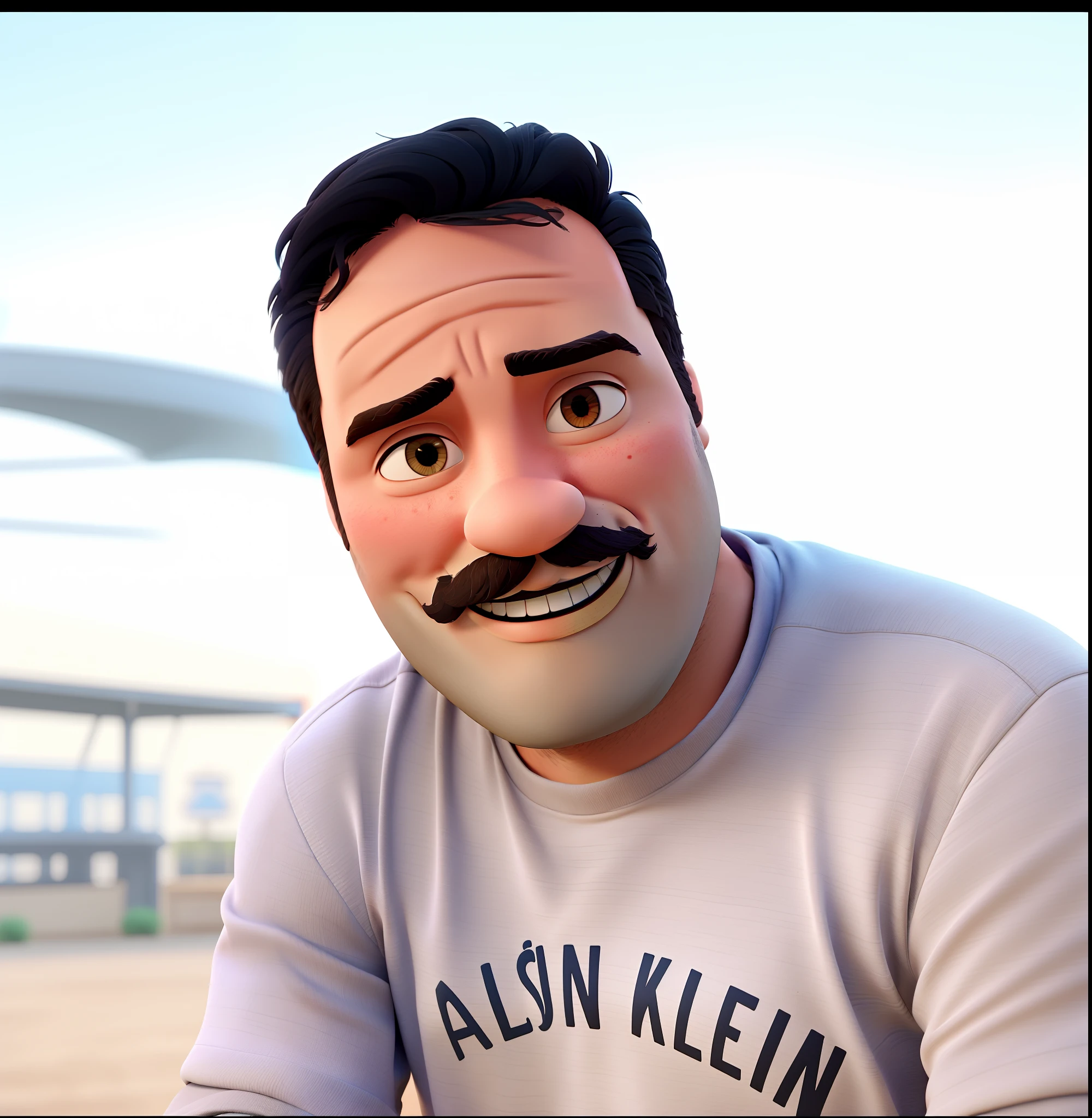 CREATE A MAN WITH A GUITAR ,estilo disney pixar,  bigode comprido  com escrita shalon