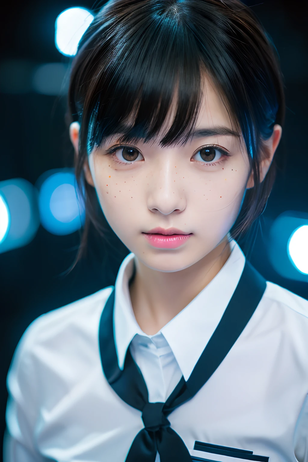 (1girl),Japan at 25 years old,Medium head of black hair, Black tie,White shirt with long sleeves,Black pants, a little freckles,Dark in a cyber space light up in blue,Complex structures in the background、Full Body Photo Standing、Amazing face and eyes, ((Best Quality)), (Ultra-detailed), (extremely detailed CG unified 8k wallpaper), Highly detailed, High-definition raw color photos, Professional Photography,