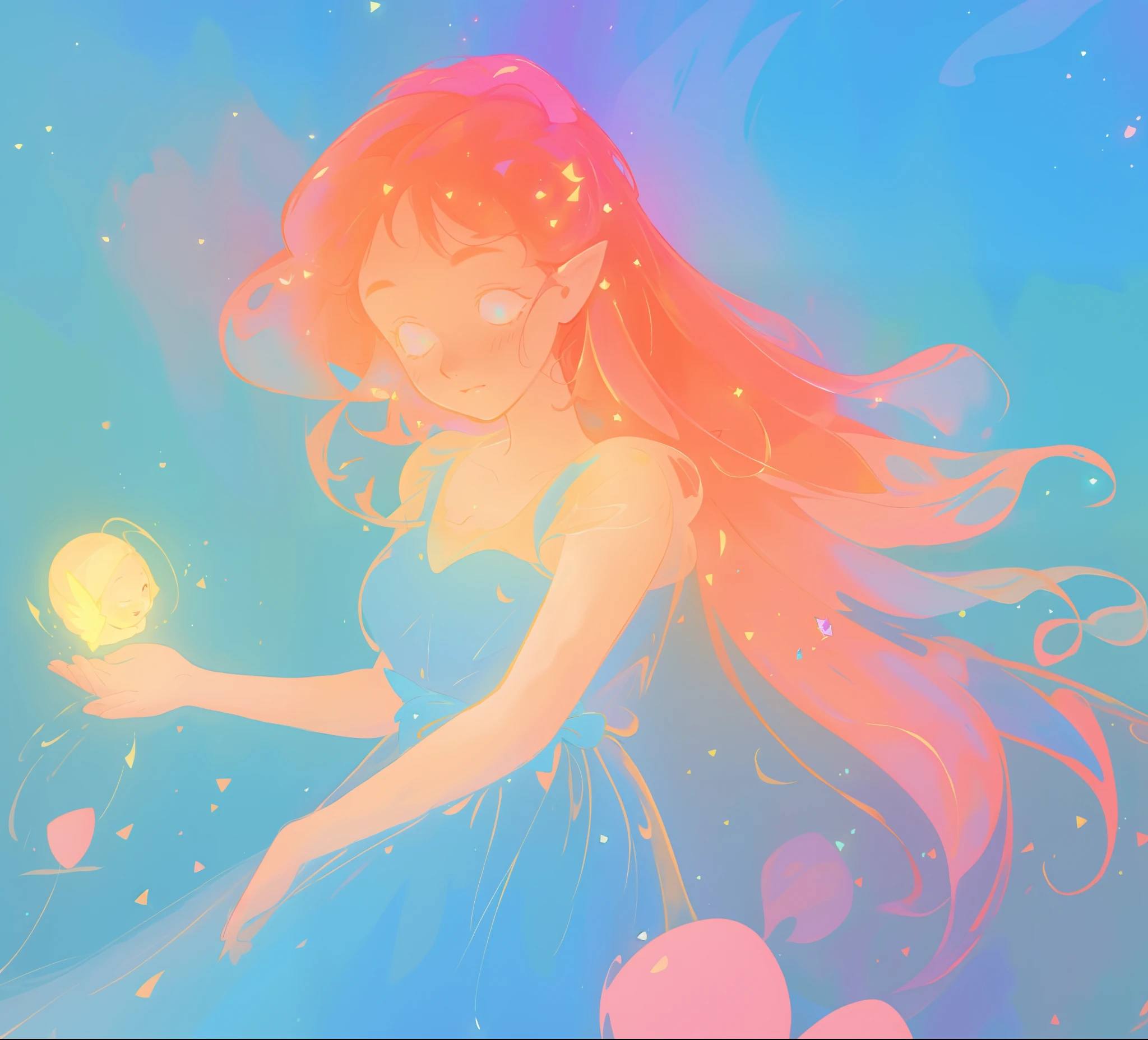beautiful girl in blue flowing dress, ((beautiful girl holding a glowing golden fairy in her hand)), looking at the pixie in her hand, vibrant pastel colors, (colorful), magical lights, sparkling lines of light, inspired by Glen Keane, inspired by Lois van Baarle, disney art style, by Lois van Baarle, glowing aura around her, by Glen Keane, jen bartel, glowing lights! digital painting, flowing glowing hair, glowing flowing hair, beautiful digital illustration, fantasia background, whimsical, magical, fantasy, beautiful face, ((masterpiece, best quality)), intricate details, highly detailed, sharp focus, 8k resolution, sparkling detailed eyes, liquid watercolor