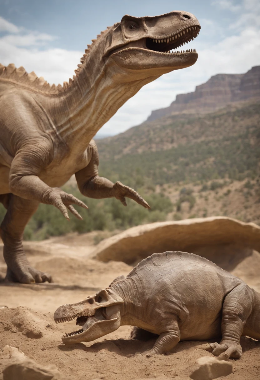 Montage showing dinosaur fossils, scientists working on excavations, and natural history museums.