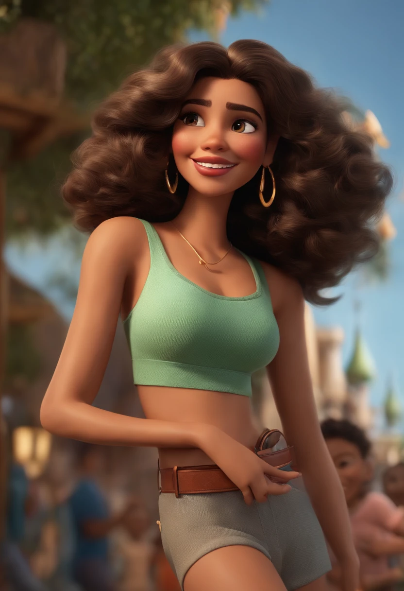 "(best quality,ultra-detalhado,Realistic:1.37),3D rendering,illustration,design de personagens,cabelos longos e cacheados escuros,belos olhos detalhados, Holding a camera ,Estilo Pixar,morena mulher,Dancing on the Disney stage,atmosfera animada,vivid colors,luzes de palco,expression joyful"