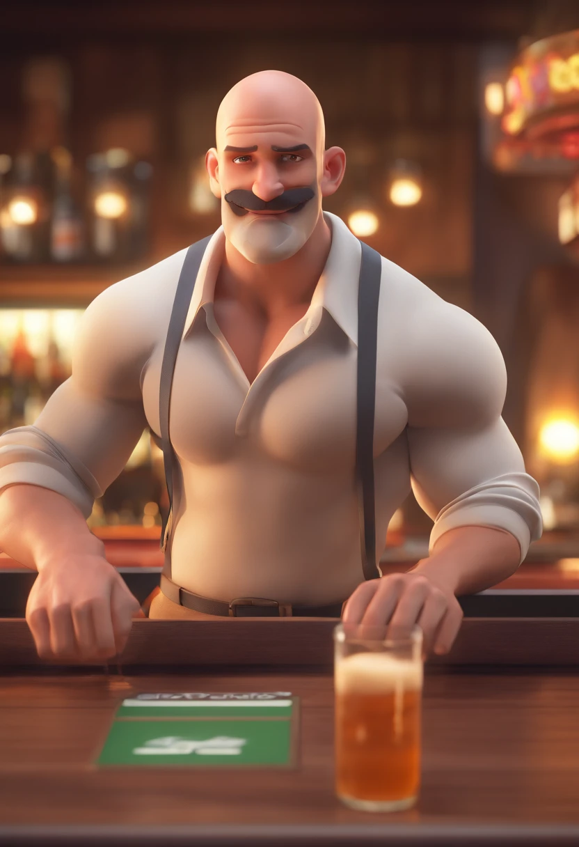 Estilo Pixar: Green Eyes White muscular athletic man without hair 40 years old with short dark brown beard on chin , preparando um drink dentro de um bar