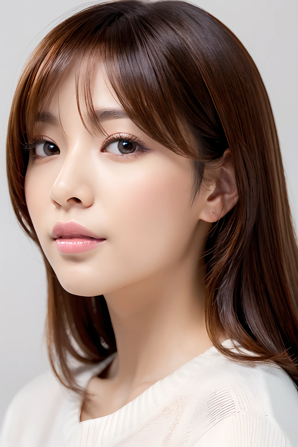 age 30s japanes femele White background Hair is a bob Kirara Asuka The forehead is protruding The corners of the mouth are raised light skinned Duck mouth the nose is high skin whitening Skin shine is bright thin nasal muscles adult-like A sexy amorous eyes large Hair is brown Lowered eyebrows A Japanese Lady Hair in a ponytail light skinned Plump full bodyesbian Tight sweaters tight skirts pin heels